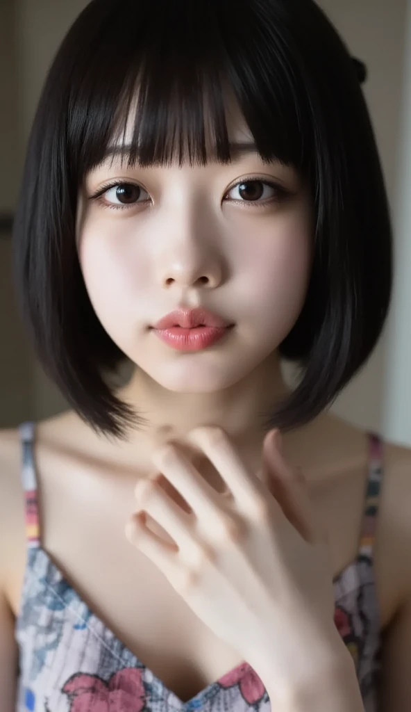 Girl, naked, short and black hair, blushing, realistic, ultra detail, 70mm lens