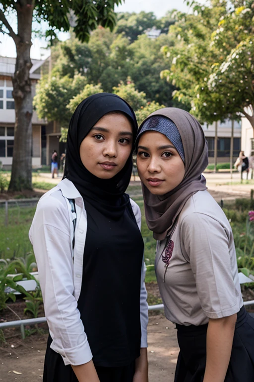 8k, best quality, Medium close-up, (Best quality,8K,tmasterpiece:1.3), (2 young girls:1.1),touch each other, two beautiful young 12 years indonesian girl, veil hijab ((indonesian girl hijab)), ((long hijab)), fit body, perfect eyes, pale skin, fair skin, perfect skin, ((outdoor)), at morning, ultra-delicate face, delicate eyes, double eyelids, half smile, Realistic, beautiful and delicate photo,heterosexual, braless, cold expression, cold pose, wide angle, study at crowded school, (at the crowded school classroom:1.4),buttock stand out, ??????? body, sexy pose, full body shot, spread legs wide open, show off vagina,buttocks exposed, ???????, small flat breast, slim body, skinny, ((2girls:1.1)), ((touch each other))