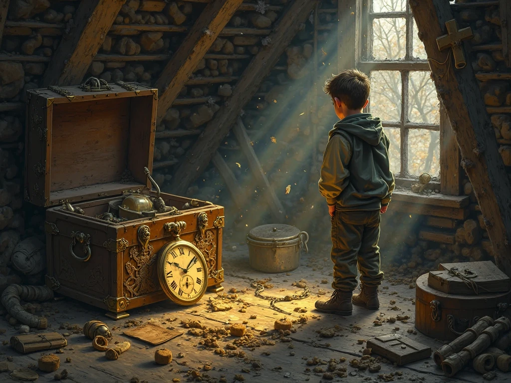A dusty attic, illuminated by the dim light of a broken window. In the middle, an old pendulum clock, with its cracked face and exposed mechanism.
around, boxes of memories, ancient books and cobwebs. A boy standing, with an expression of wonder on his face, he is winding the clock with one hand while the other holds an old photograph.
As the clock begins to chime, the shadows in the attic seem to come alive, evoking images of bygone times that slowly emerge from the dust.