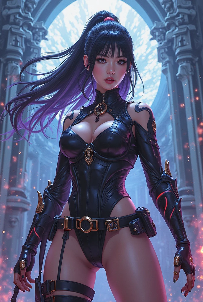 female warrior goddess,with very long straight hair with braids, bun and bangs,con armadura very sexy,Fitness ass,cuolna,very big tight tits,minimalist set,with a powerful staff,red eyes,eyes thickly lined with black,With horns,very sexy,very skinny body,too thin waist,ass with thong,posing sideways,LOOKING AT THE SPECTATOR,surrounded by magical energy,surrounded by violet fire and electric rays,Real photo,human photo,photo without animation,Real photoista,non-animated photo,