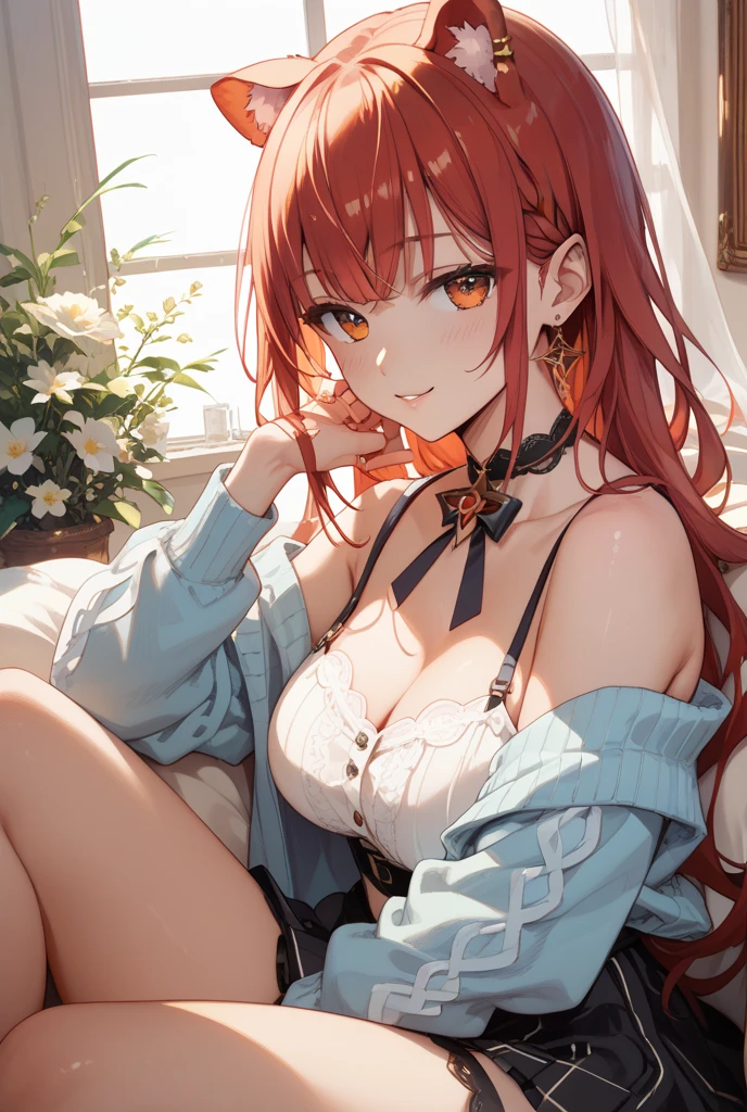 (Unity 16K Wallpaper, Masterpiece, Best Quality, Ultra Detailed, Extremely Detailed CG, Ultra High Resolution, Caustics, Detailed, Beautiful Detailed Eyes, solo, curby, negligee:1.3, portrait, embarrassed, sit astride cushion:1.3), fine skin, vivid red hair
