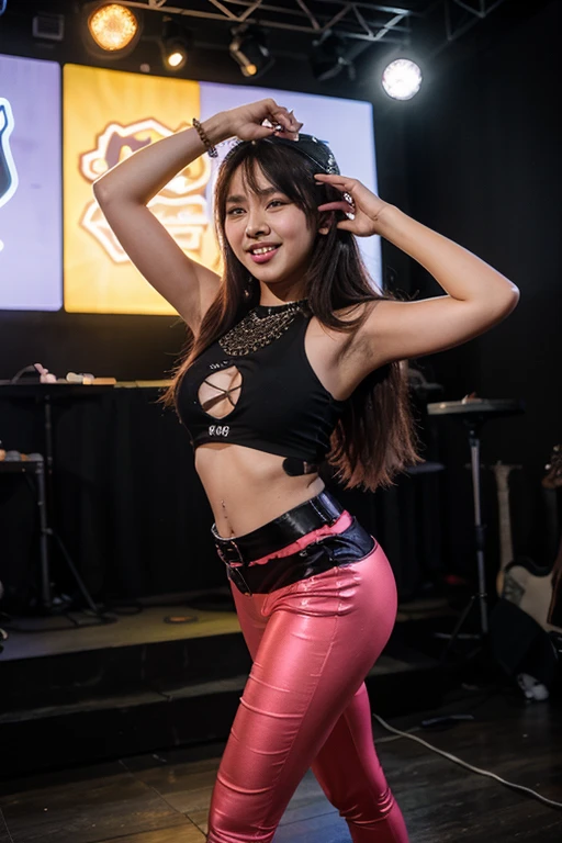 Marie rose, twintails, hair clip, 1girl, solo, (microdress), (golden), (bodycon), fur, cleavage, navel, (face focus), (o-ring:1.2), jewelry, necklace, waist cutout, belt, fishnet thighhighs, highheels, looking at viewer BREAK masterpiece, best quality, glowing skin, mature figure, voluptuous body, shiny skin, mature women, gigantic hanging breasts, from the front, (chromatic aberration, intricate details), dynamic angle, 40K, HDR, highres,