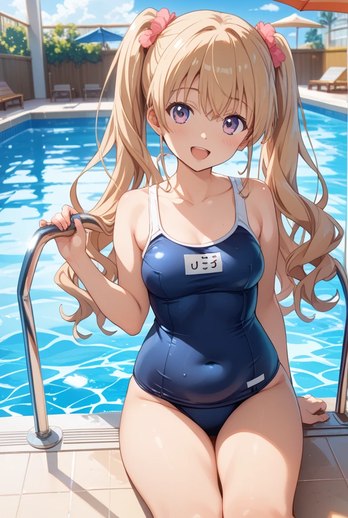 masterpiece,best quality,1girl,mmplatz,twintails,(twin drills),blonde hair,(school swimsuit),Panic,blush,school swimpool,<lora:mmsf_lunaplatz:1>,