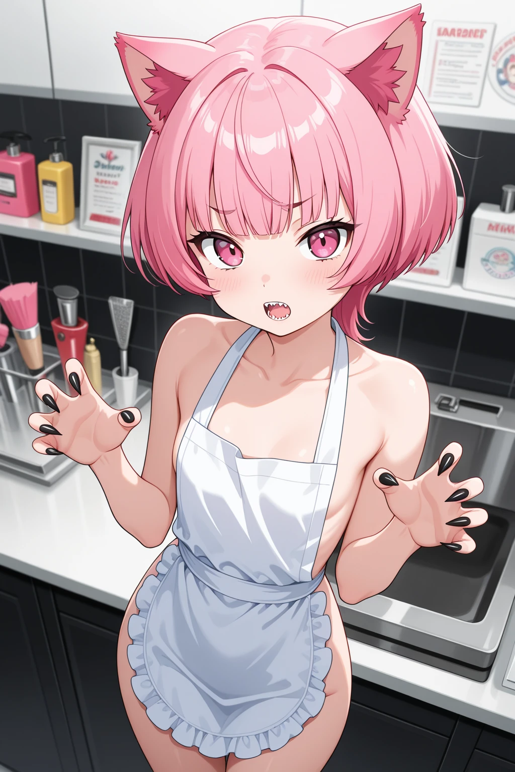 masterpiece, good quality,
1girl, <lora:Sakura_fe:0.8>, sakura_fe, red eyes, pink hair, hairband, white thighhighs, bare arms, pink apron with many frilles, hands on own chest,
(blushing:1.2), closed mouth, wavy mouth, indoors, detailed background, kitchen, standing, looking at viewer, cowboy shot,
