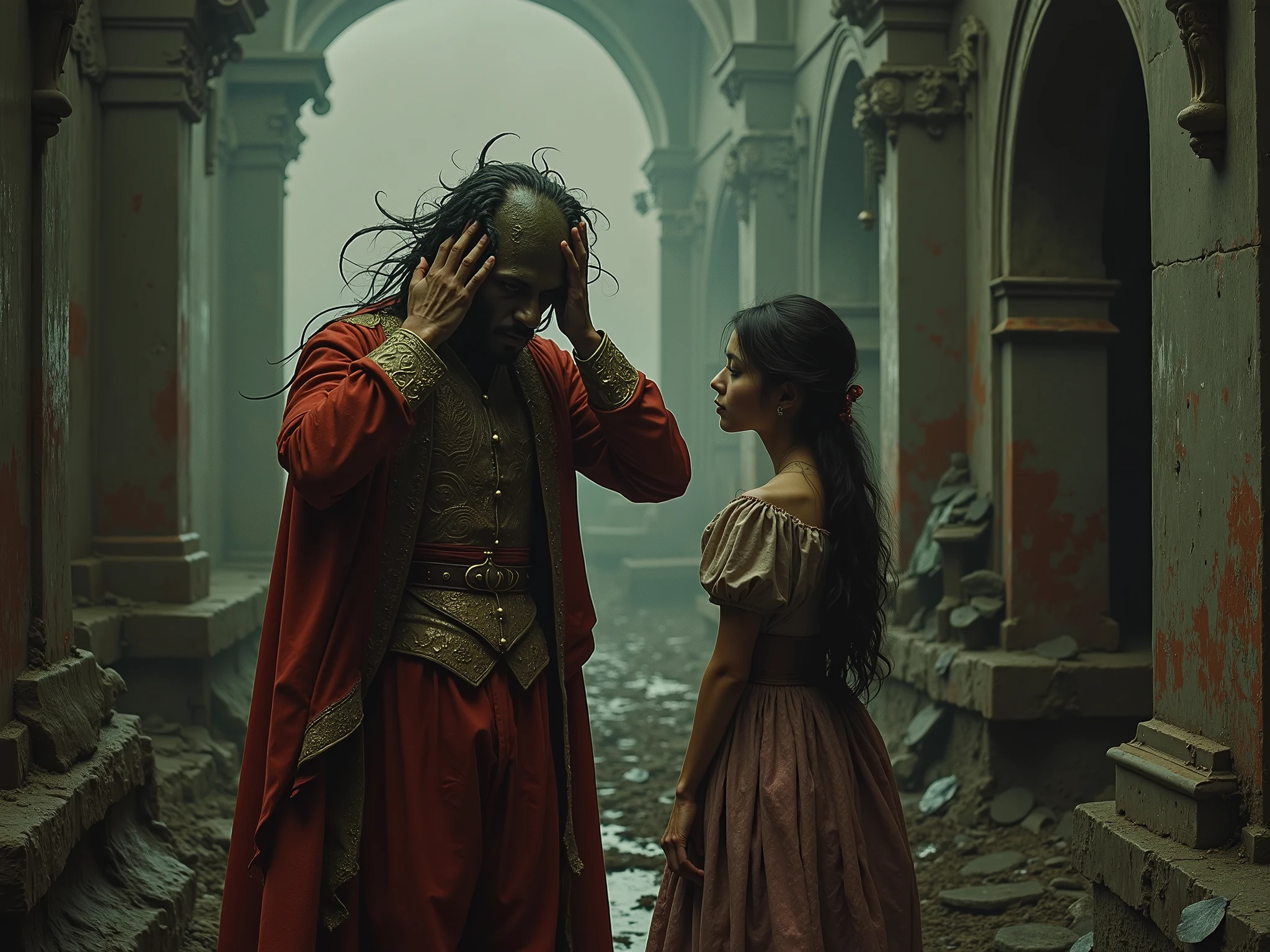 a man dressed as a court fool haunted by the madness of a cosmic entity, he has her hands on his head next to him a woman looks at him curiously and the environment brings a sense of madness and cosmic decay