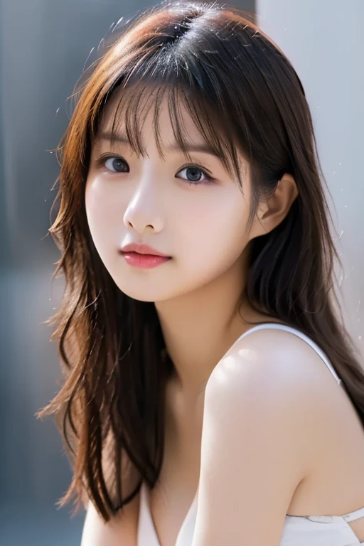 One girl、Japanese 、Brown Hair、Staring at the audience、bulging big breasts、Small face、bangs over eyeouse-colored eyes