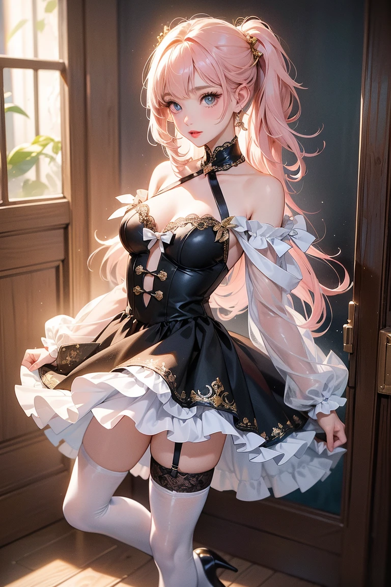 Masterpiece, Best quality, Masterpiece,Best quality,offcial art,Extremely detailed Cg Unity 8K wallpaper, day, Sunset, over the sea, Huge_filesize, absurderes, Real, Girl, tchibi, Long hair, Pink hair, crossed bangs, aqua eyes, Blue eyes, Bare_bshoulders, Miniskirt, low legs_Panties/Low_Leg_Panties, Black pantyhose, panties over pantyhose, High heels, headphones around their necks, Collar, pendant,