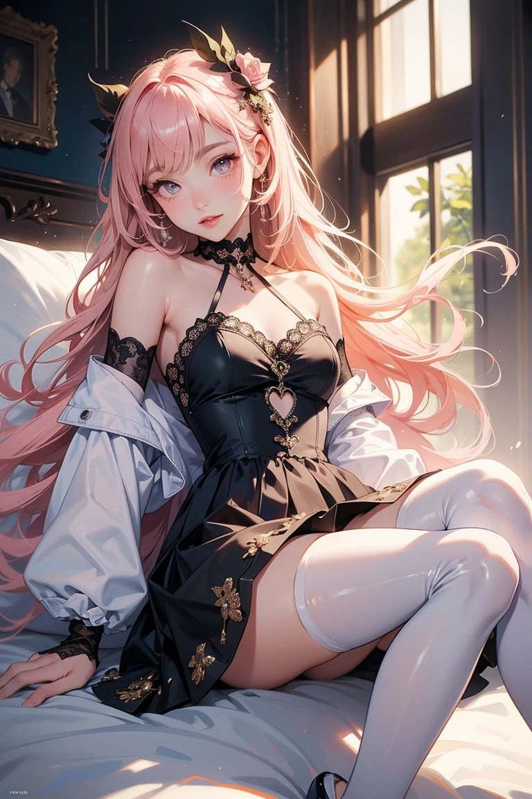masterpiece, best quality, ryne, hair ribbon, white dress, thigh boots, sitting, indoors, marble tile, looking at viewer, serene smile, closed mouth <lora:ryne-nvwls-v2-000012:0.9>