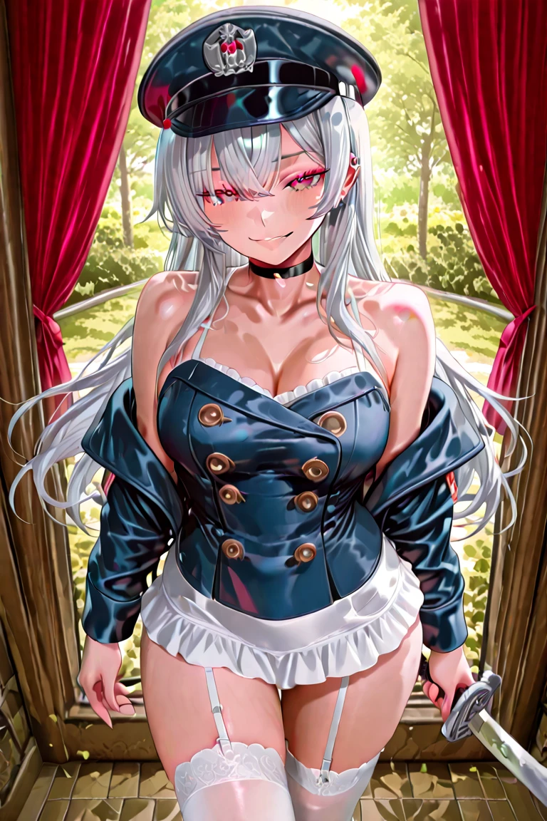 red eyes, (highest quality, masterpiece絵画:1.3), mature woman, 26 years old, (half body shot), masterpiece, Super high resolution, (Photoreal:1.0), silver hair、straight hair, Shiny and beautiful hair, white and shining skin, ((Super realistic details)), octane rendering, highly detailed face, (big breasts:1.0), ((maid)), (黒maid服),((black mini skirt)), (flip up the skirt), (bunny headband), cleavage, perfect body, soft skin, anime face, perfect face, perfect eyes, looking at the viewer, smart, Under the cherry blossom tree background, cherry blossom petals are falling, Lying, outdoors,sharp focus, intricate details, professional artwork, (Bright colors:1.1), Bright colors, diffused lighting, digital blending, Super detailed body, ultra detail hair, super detailed face, It's trending on pixiv, top button opened, shy girl, Cute gaze, compensate, perfect lips, perfect compensate, Super precise painting, (light_smile:0.8), (Very embarrassed:1.2), blush your nose,