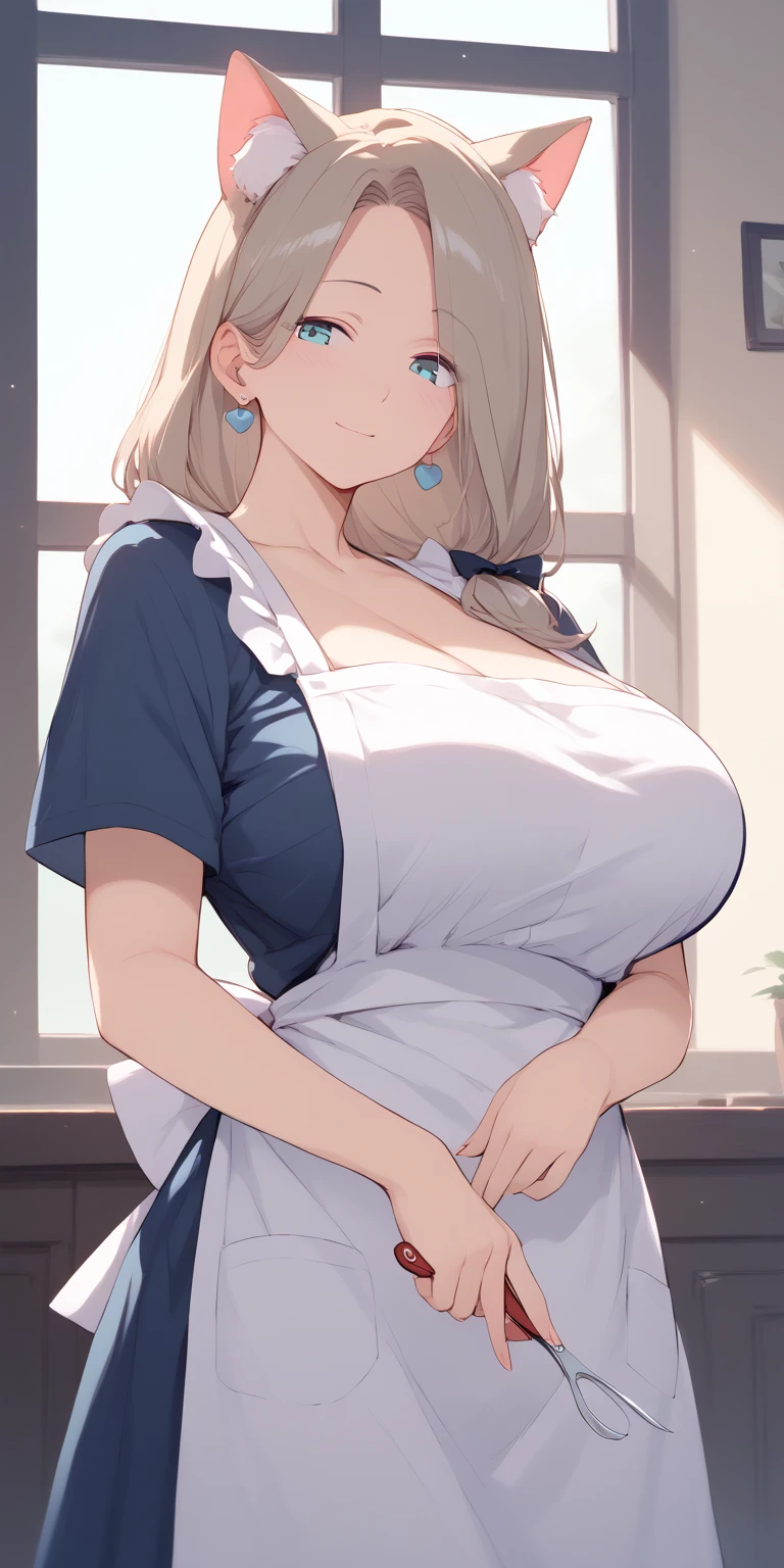 best quality, best resolution, solo, (fluffy anthro furry), arctic fox woman, 30 years old, silver hair, blue eyes, (white fur), big breast, hourglass figure, sophisticated manner, (blue dress with floral patterns, skirt apron, 60's hairstyle), 50s retro style kitchen