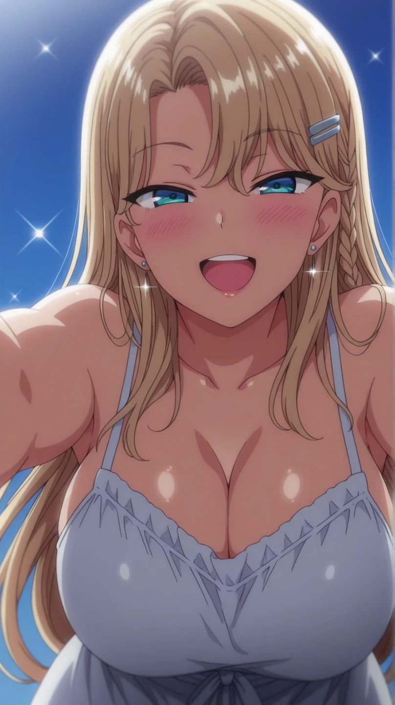 one girl, long hair, blonde hair, dark green eyes, forehead,(big breasts),(makeup),(excited,happy smile, teeth, screaming with tongue Out, open mouth),(big blush), blue bra,lying down, pov from front and above,bedroom,shining body, close up, sweatdrop