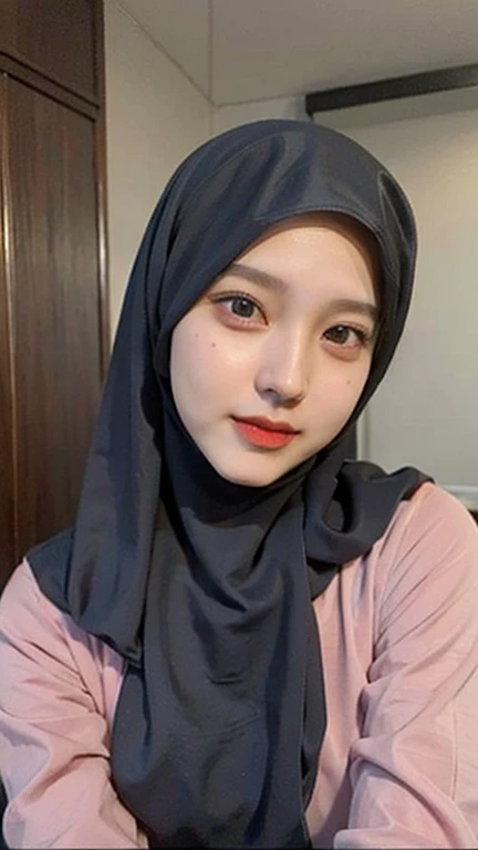 beautiful muslim, hijab, abaya, twirling hijab, 17 years old japanese girl, baby face, round face, 165cm height, natural big breast, black matte hijab, sky blue sweater, having dinner with me in a busy seafood restaurant in a mall, looking to me,