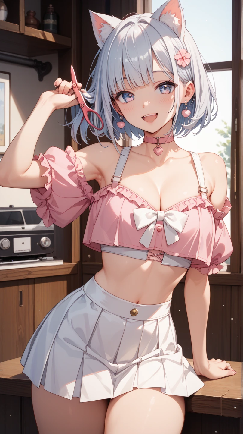 masterpiece, lots of detail, 4k, 8k, ((ultra-detailed)), highres, cinematic lighting, warm lighting, official artwork, hetero, cowboy shot, indoors, <lora:Saimin_Ryoujoku_Gakuen_Arimine_Ichiru-10:0.7>, ichiruv1, 1girl, solo, female focus, short hair, blue hair, twintails, hair ornament, hair bobbles, short twintails, green eyes, looking at viewer, smile, blush, hands behind back, small , cleavage, thigh gap, gluteal folds, standing, frills, maid, maid cosplay, microskirt, midriff, navel, champagne, alcohol, hidden hands, maid headdress, thighhighs,