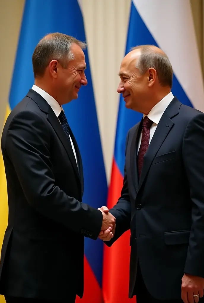 Ukraine and russia shaking hands with their flags in Background