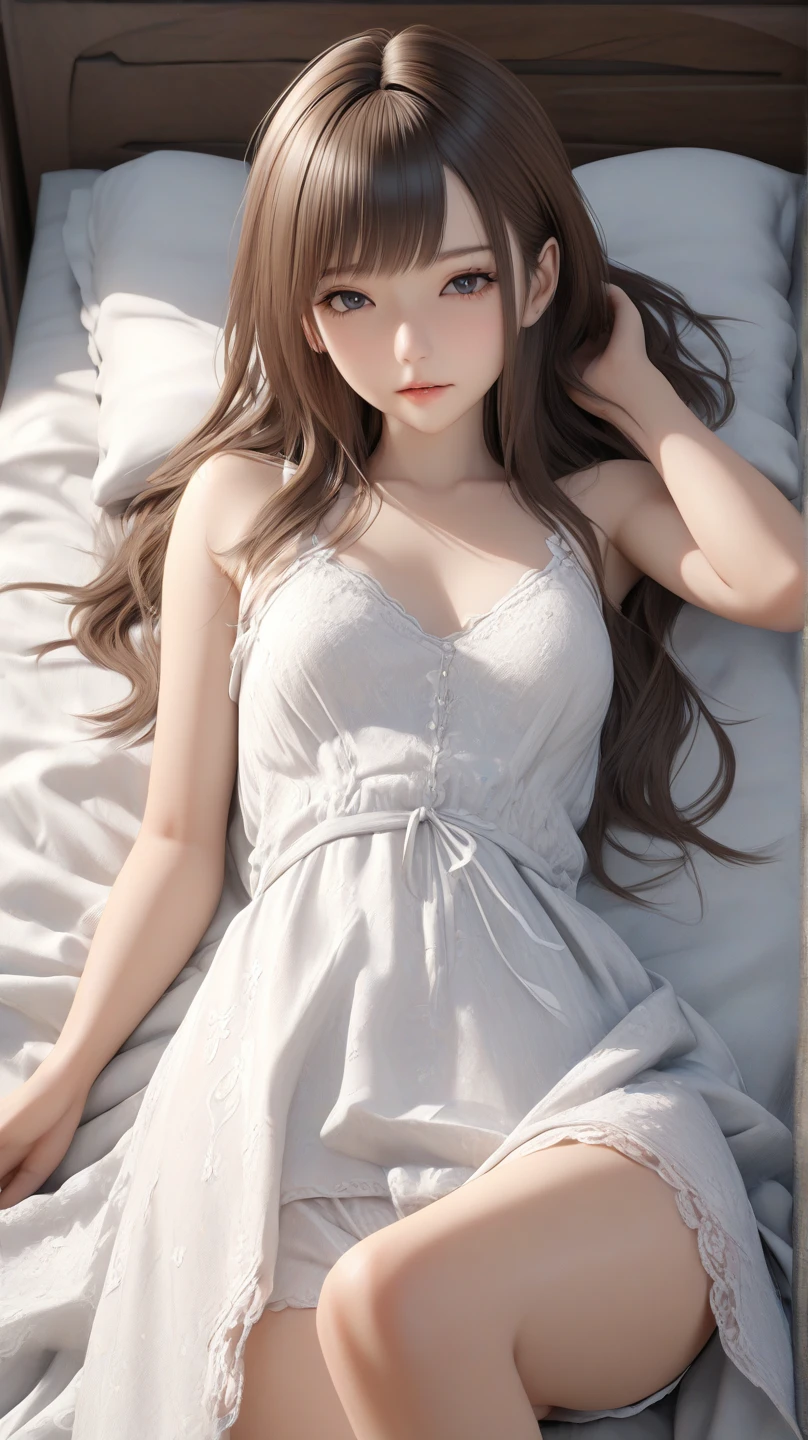 Sleeping girl, 19 years old, realistic, she is wearing small dress, she is wearing transparent dress, [nfsw,],brown hair.