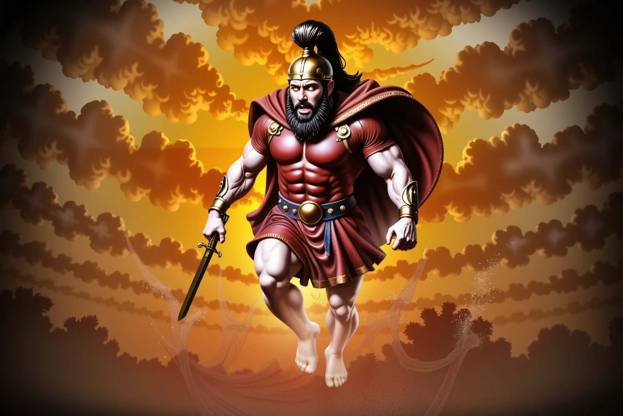 Ares, the Greek god of war, descends from the heavens engulfed in swirling flames and divine fury. His body is muscular and glows with the polished sheen of gold, each muscle sculpted with anatomical precision. He wears a bronze Corinthian helmet with a dark red horsehair crest flowing backward, exposing glowing, incandescent eyes and a snarling mouth. His thick beard and long black hair stream out from beneath the helmet.
Ares is dressed in a sleeveless crimson tunic, cinched at the waist by a wide dark brown leather belt with a bronze buckle. A blood-red cape billows behind him, partially consumed by the fire. In his right hand, he wields a short, slightly curved sword aimed downward, while his left fist is clenched in divine rage.
He hovers just above the scorched ground, creating concentric shockwaves of molten orange light rippling outward from his descent. The terrain cracks and glows with raw energy beneath him. Surrounding Ares are billowing clouds of smoke and fire—fiery reds, oranges, and yellows forming a halo behind his head. The lighting is dramatic, casting deep shadows and golden highlights across his body and armor.
The composition is dynamic and mythological, with a low-angle view to emphasize his overwhelming presence. The scene evokes cosmic wrath and power, as if the entire world trembles beneath the return of the god of war.