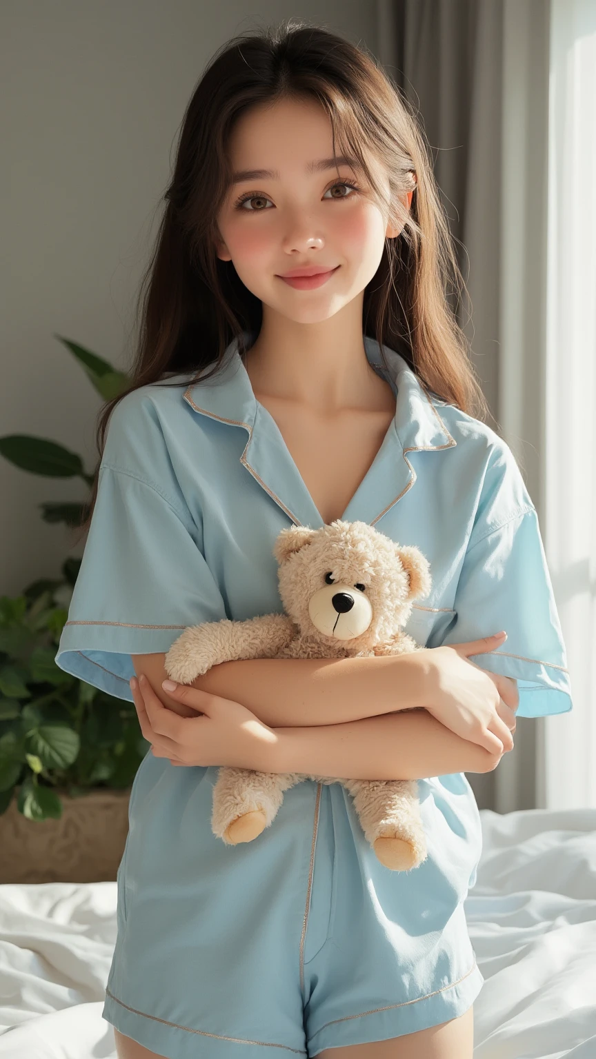 (high quality:1.2,photorealistic),beautiful detailed eyes,beautiful detailed lips,extremely detailed face, longeyelashes, (soft, silky) hair, glowing skin, (charming, radiant) smile, (expressive, sparkling) blue eyes, (flawless, perfect) complexion, (youthful, fresh) appearance, (slim, graceful) figure, (elegant, charming) posture, (relaxed, comfortable) in cute pink pajamas with teddy bear designs, (adorable, cute) pink slippers, surrounded by a soft and warm atmosphere. The room is decorated with dreamy lights and filled with a cozy ambiance. The girl holds a large teddy bear in her arms, showing her affection and love for the toy. The artwork is created with (oil paints, acrylics) on a canvas, capturing the girl's beauty and innocence in a realistic and captivating manner. The colors are vibrant, with shades of pink, blue, and white dominating the palette. The lighting accentuates the girl's features, adding depth and dimension to the painting.