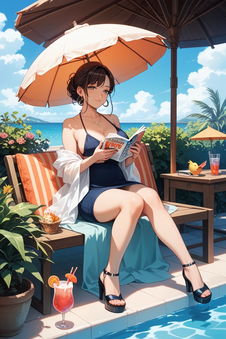 masterpiece, best quality, Extremely detailed, illustration,, Hanekawa short-haired cat, 1 Girl, whole body, , black eyes, Colorful hair, Black Hair, White hair,, swimsuit,, Detailed background, Marketing style, beach, Sunset,