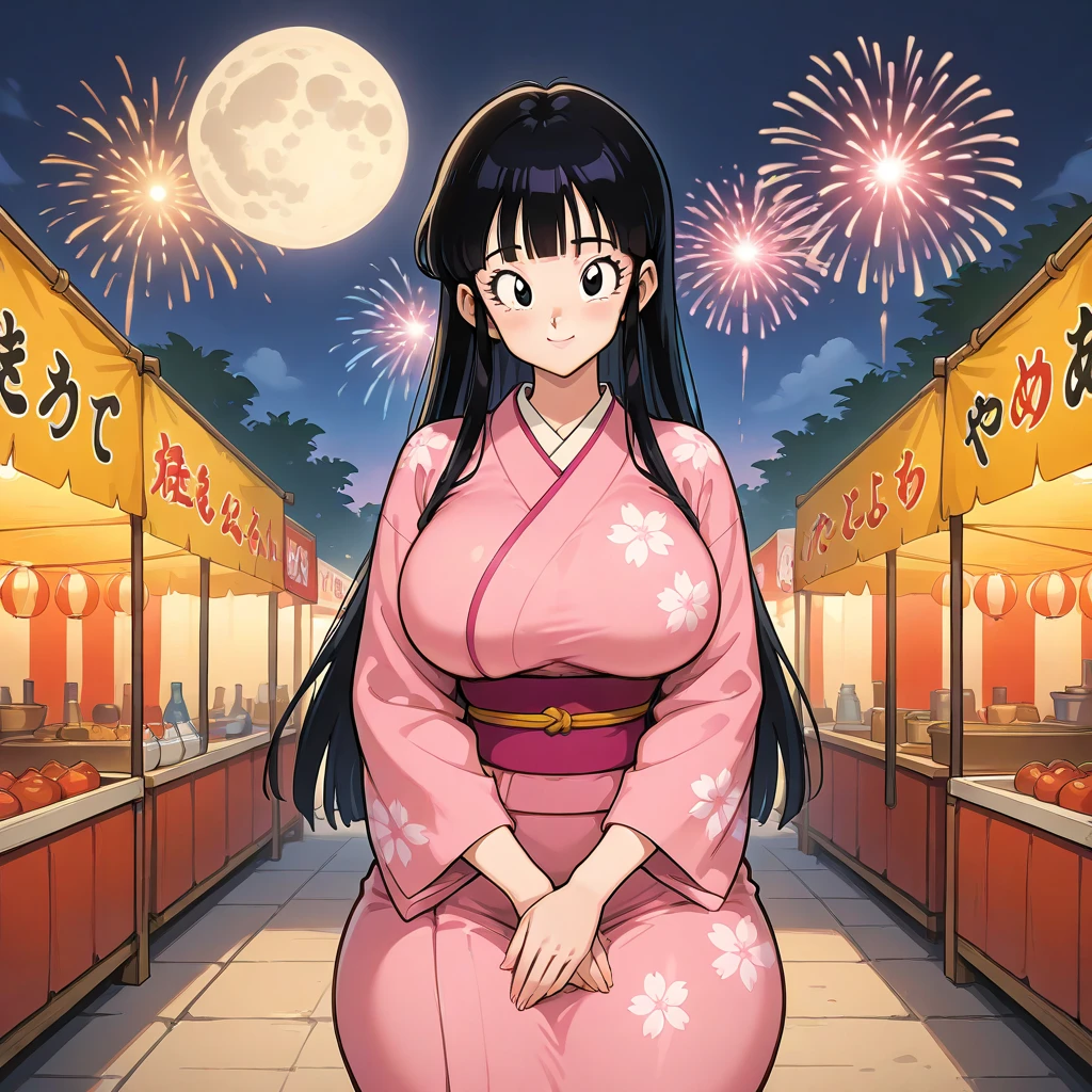 (yukata,gigantic breasts,:1.5),((nakanotani mina,airmaster,(massive breasts,gigantic breasts:1.5),black hair,long hair,shibata yokusaru style,wide hip),Embarrassed、happy smile),(shrine、Night view、crowd、firework、summer、Night Sky、Night view:1.5)),full body