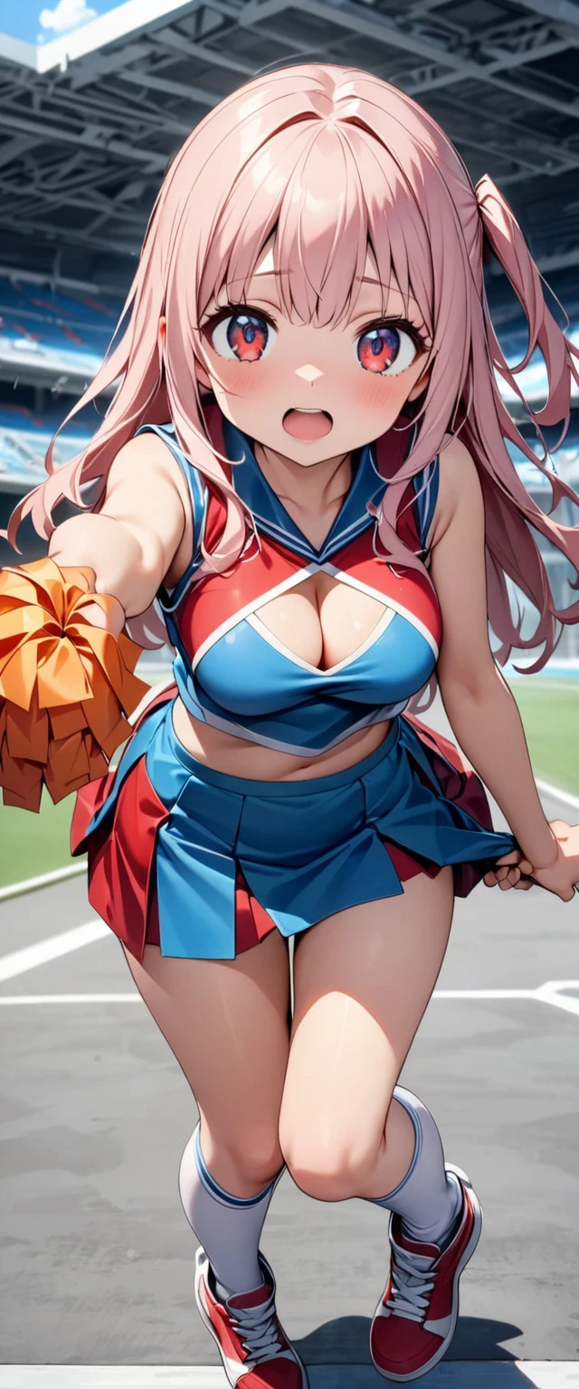 Elf, huge breast, hime cut, light pink hair, thicc thigh, micro skirt, cheerleader outfit, midriff open, cheering, thong, track field."