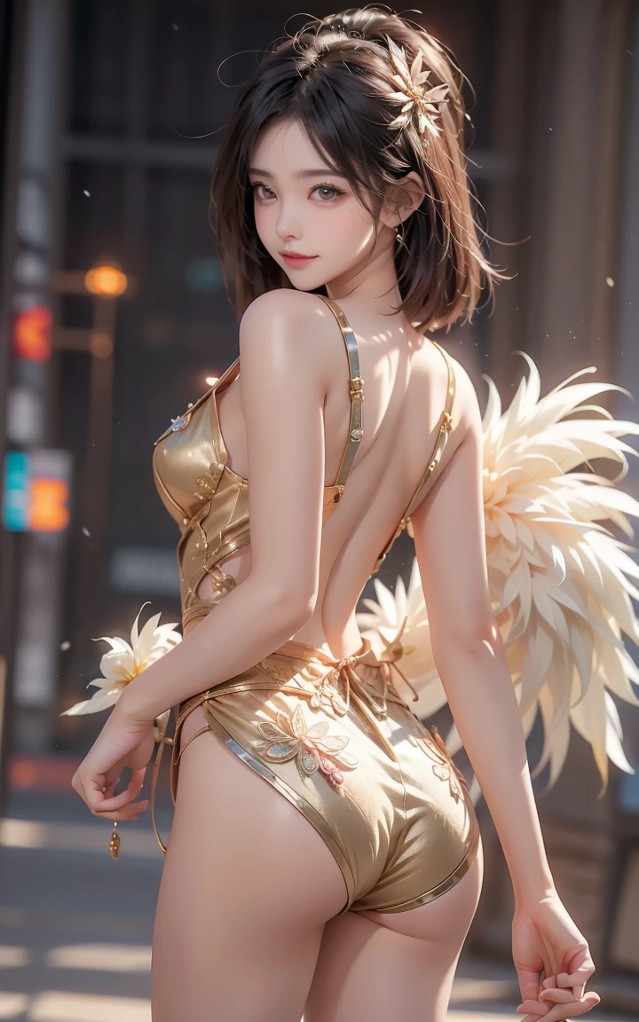 One girl,Bracelet,armor,chest,dark_skin,Helmet,jewelry,Moderate_chest,belly button,pelvis_curtain,Realistic,alone,Veil,(Bouncy round ass),(shed a big tear_chest:1.3),One piece high bikini,Gold Bra,gold jewelry,Golden Wrist,Transparent tulle,(Muscular:1.25),golden battle armor,High Tech Palace,smile,Sexual suggestion,heavy armor,Golden dragon background,