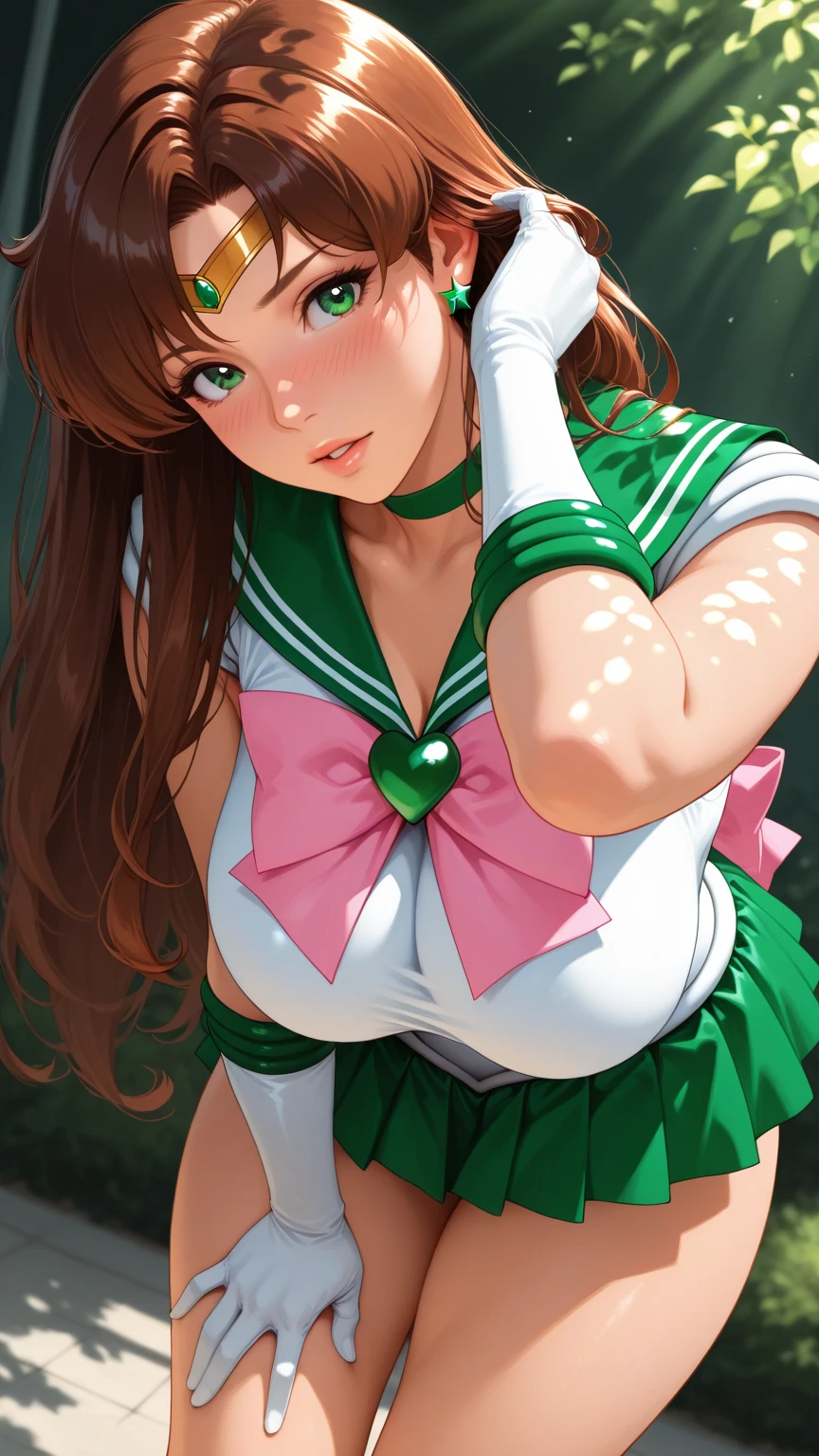 Sailor jupiter, closed eyes, ponytail, tiara, jewelry, sailor senshi crop-top , green sailor collar, choker, elbow gloves, white gloves, pink bow, brooch, leotard, green panties, unconscious, decubitus supine, lying in the floor arms open Horizontal, legs open front to front, anime 90s
