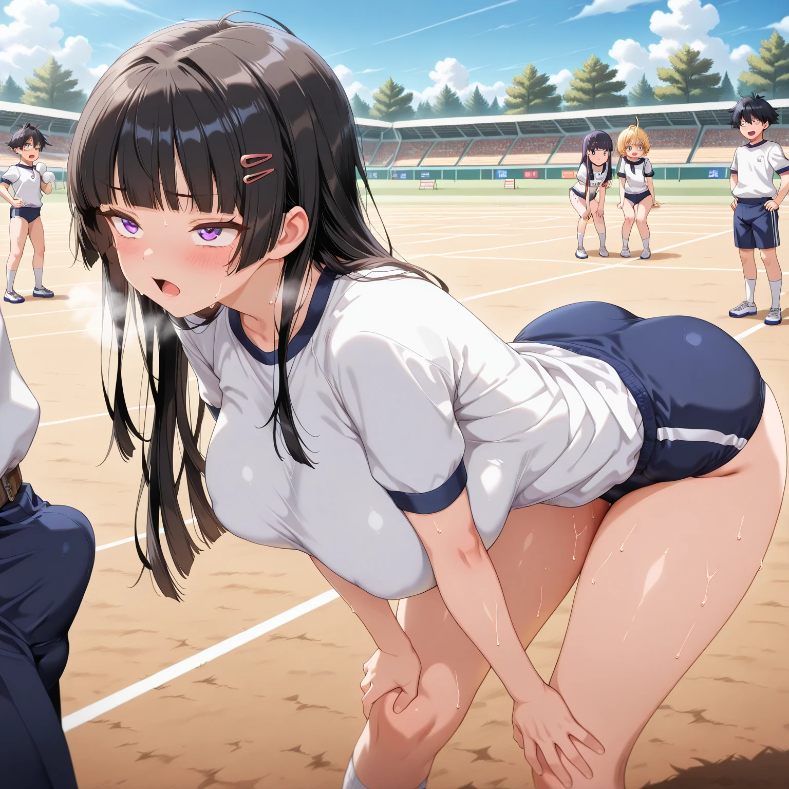 ((highest quality)), ((masterpiece)), (be familiar with), perfect face, perfect face、5th grade elementary school student、Cheerleader、raise one leg high、（（I can see the anus））There are many spectators、painful expression、bottomless