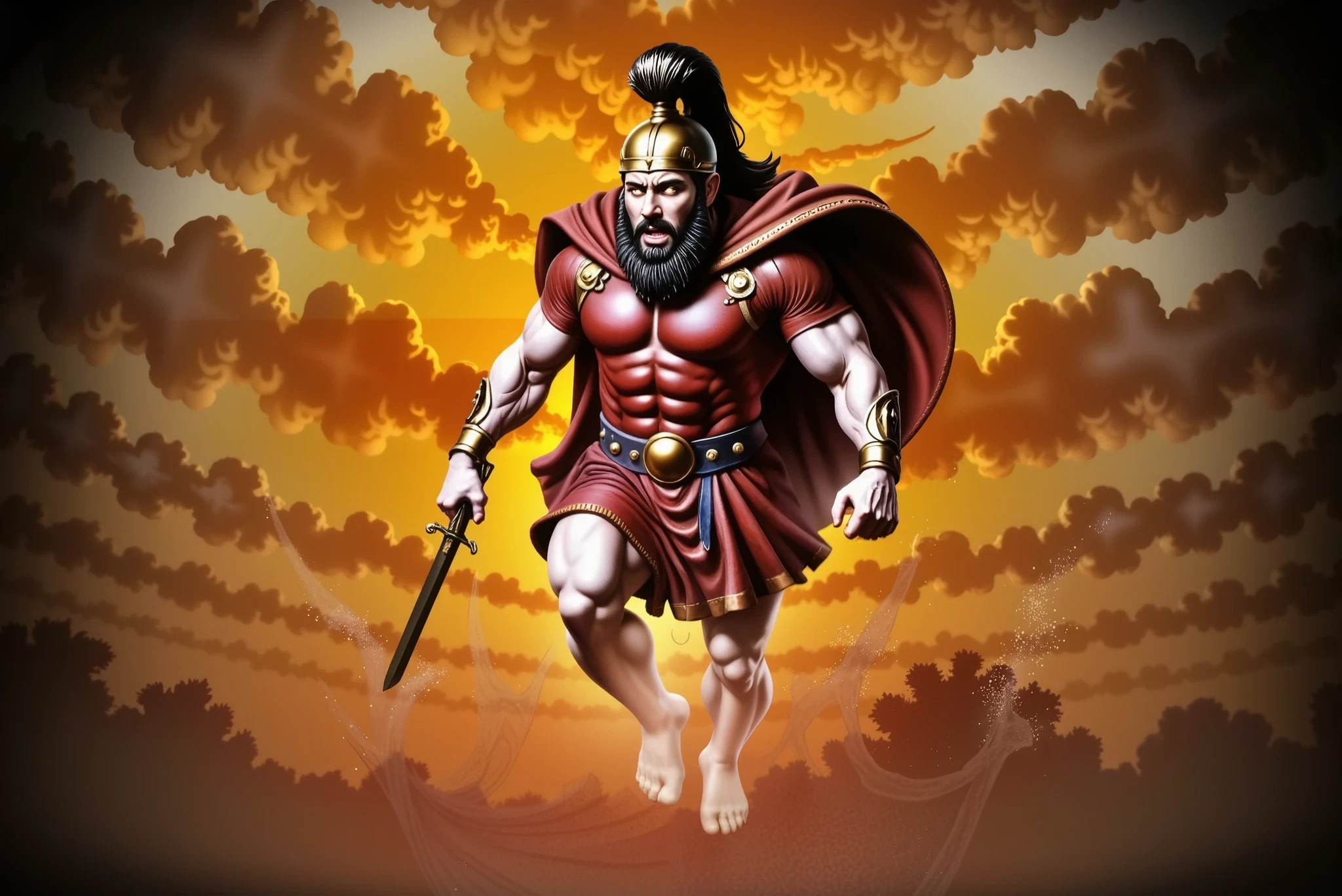Ares, the Greek god of war, descends from the heavens engulfed in swirling flames and divine fury. His body is muscular and glows with the polished sheen of gold, each muscle sculpted with anatomical precision. He wears a bronze Corinthian helmet with a dark red horsehair crest flowing backward, exposing glowing, incandescent eyes and a snarling mouth. His thick beard and long black hair stream out from beneath the helmet.
Ares is dressed in a sleeveless crimson tunic, cinched at the waist by a wide dark brown leather belt with a bronze buckle. A blood-red cape billows behind him, partially consumed by the fire. In his right hand, he wields a short, slightly curved sword aimed downward, while his left fist is clenched in divine rage.
He hovers just above the scorched ground, creating concentric shockwaves of molten orange light rippling outward from his descent. The terrain cracks and glows with raw energy beneath him. Surrounding Ares are billowing clouds of smoke and fire—fiery reds, oranges, and yellows forming a halo behind his head. The lighting is dramatic, casting deep shadows and golden highlights across his body and armor.
The composition is dynamic and mythological, with a low-angle view to emphasize his overwhelming presence. The scene evokes cosmic wrath and power, as if the entire world trembles beneath the return of the god of war.