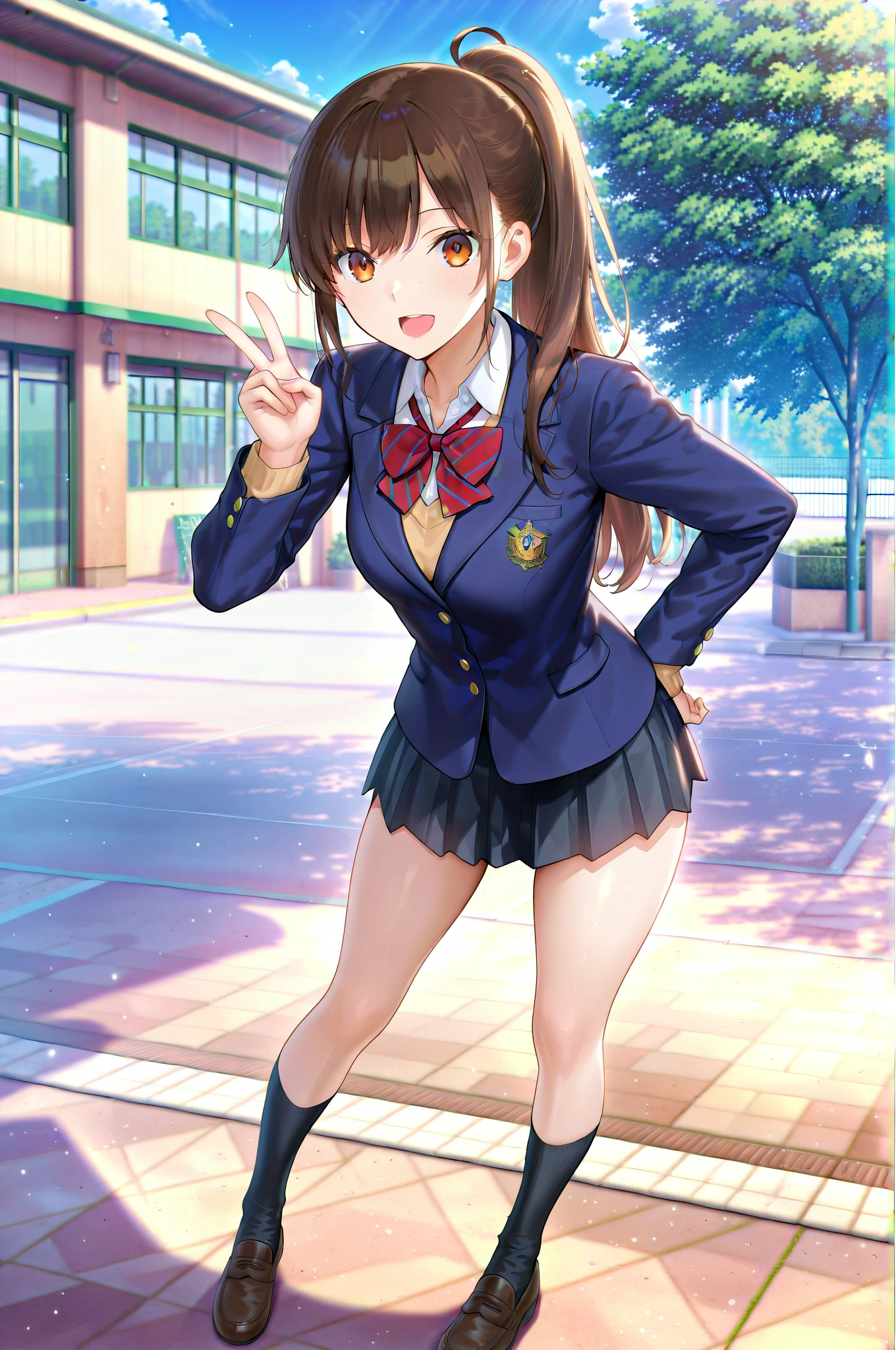 high school girl、Panty shot、Brown hair ponytail、blazer