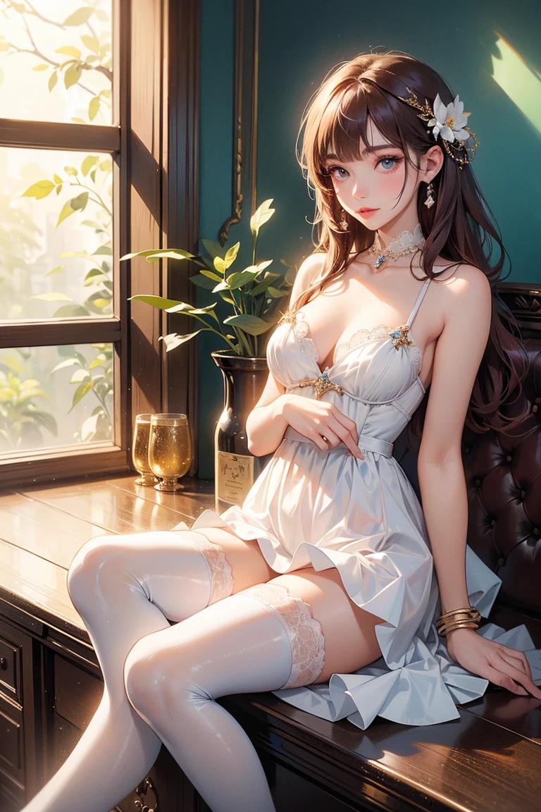 ((Full body depiction, top quality, 8k, masterpiece: 1.3)), one girl emphasizing the beauty of slender leg lines, pretty slender woman: 1.3, (random hairstyle, large: 1.2), floral lace choker, ultra-detailed face, detailed eyes, double eyelids, wearing garter lace stockings, slender figure, tall, sexy face, sexy smile, wearing high heels, graceful legs, long thin legs, very beautiful slim legs, very beautiful long slim legs, squatting on the classroom desk, nice legs, beautiful legs, cleavage, high heels, white lace floral panties, 20D, solo, wearing beige stockings, curly long hair, mature woman, dynamic posture, erotic face, sheer see-through shirt, long curly hair, full body, Sitting across from me with legs spread, beige stockings, wearing lace floral garter belt, bra and panties fully visible, high resolution, 4K, 8K, bright, outdoor, floral lace sheer underwear, enamel high heels, highlight beautiful legs, light white panties with lace floral pattern visible, girl, dynamic posture, erotic face, lace shirt, long curly hair, full body, spread legs, beige garter stockings, dressed but fully visible underwear, high resolution, 4K, 8K, slender and tall figure, sheer underwear with white floral lace, light lingerie with floral lace, painted on the toes of both feet, floral lace lace light lingerie, emphasizing beautiful legs and showing floral lace white panties visible, mouth wide and sexy, long gloves with floral lace, underwear is fully visible, facing forward, legs are spread, wearing thin stockings of beige from toes to the waist, high resolution, 4K, 8K, sexy smile, white floral lace underwear, emphasize beautiful legs, The skin is visible through white panties with floral lace, the mouth is wide open and sexy, the underwear is completely see-through and the skin is visible, the legs are spread wide forward, Wear light beige stockings from toe to waist, express the luster of thin stockings, thin and super long legs, white bra with floral lace all over, bra is