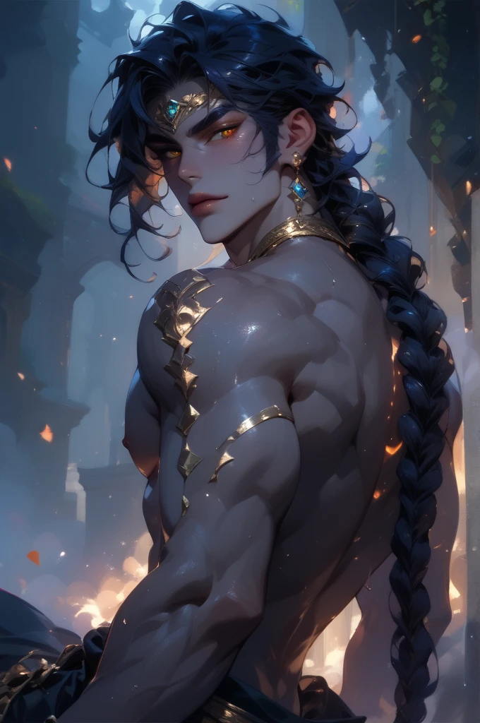 ((Achilles)), a handsome Greek warrior, his smile is bright,(man:1.5),1 man,male, muscle, (1boy:1.3), muscle, pectoral, muscular,young man,

(macho man:1.2),

(large pectoral:1.4,),(((absurdly long unkept hair,dark hair,black hair,very long hair,voluminous hair,Thick hair,Dense hair,long hair,colored inner hair))),(((blue_eyes:1.3))),intricate eyes,beautiful detailed eyes,symmetrical eyes,(((lustrous skin:1.5,tanned skin,bright skin: 1.5,skin tanned,shiny skin,very shiny skin,shiny body))),((exaggerated muscles,exaggerated shoulders,very muscular and huge)),man chest,handsome face,((((muscular,hairy body,muscular man,tall,big biceps,abs,big thighs,broad shoulders,open chest)))),(((detailed face))),(((square jaw))),(ABS),(huge stature,tall stature),perfect bodies, musculature, sense of strength,
 slender figure, muscular,Incredibly handsome,man, tall, strong, teenager,muscular body, ((marked abs))

nsfw,brave, shirtless, seductive,
 
(gray armor,greek armor)) navel,no helmet, young Spartan warrior from Eastern Europe,  well-endowed,((bulge in loincloth)),((wet clothes,intricate outfit,intricate clothes)),

dynamic pose,looking at viewer,angry,centered,scale to fit dimensions,Rule of thirds,

outdoors,pillars,((pillars background,greek palace,greek palace background,pyramids in the background)),scenery,extremely scenery,(puddles everywhere,moss,moss on the background), greek style,greek castle,lily pads,palms,(sunset, golden hour),

(Glossy greek ornaments),highres,sharp focus,(ultra detailed,extremely detailed),(photorealistic artwork:1.37),(extremely detailed CG unity 8k wallpaper),(((vibrant colors,vibrant theme))),(intricate),(masterpiece),(best quality),artistic photography,(photography taken by sldr),(intricate background),perfect rendered face,perfect face details,realistic face,photo realistic,((intricate detail)),(((realism))),
