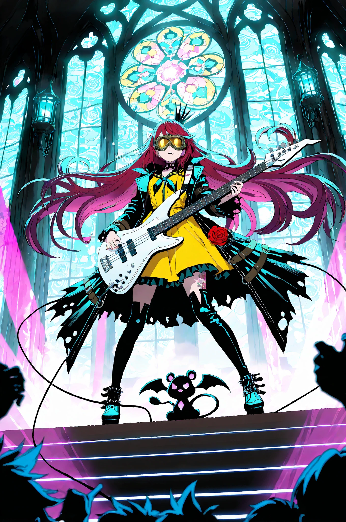 Long pink hair girl, tez morena, a black jacket, white turtleneck blouse and black skirt with long black boots and somewhat modern sunglasses with big boobies and a red guitar in her hand in the style of mahou shoujo ni akogarete as a villain