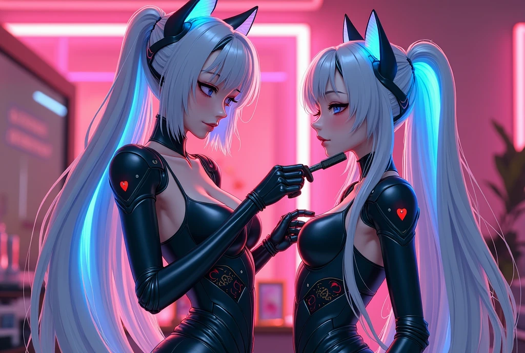 2 girls,Teal hair, oreilles de chat teal assorties, et des yeux vert sarcelle intenses. corps entier. She gives a mélange d'elegance, de mystique et de sexy., avec une ambiance cyberpunk. Ajouter un t dynamique...