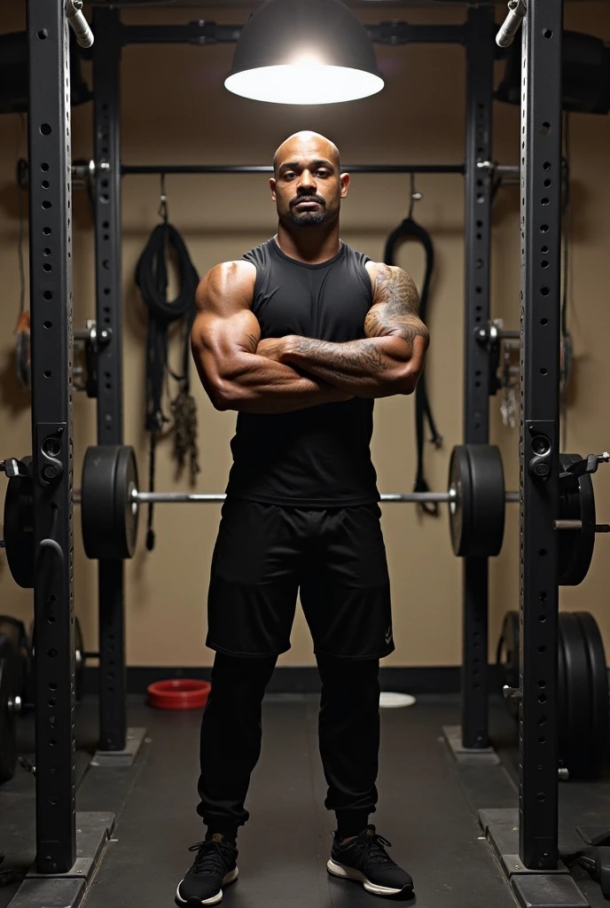 Homem((Dexter Jackson), arms ((muito fortes)), defined abs, coxas imensas, roupas ((camiseta, bermuda)), academia ((weight machines)), (amplo), realista, 8k resolution