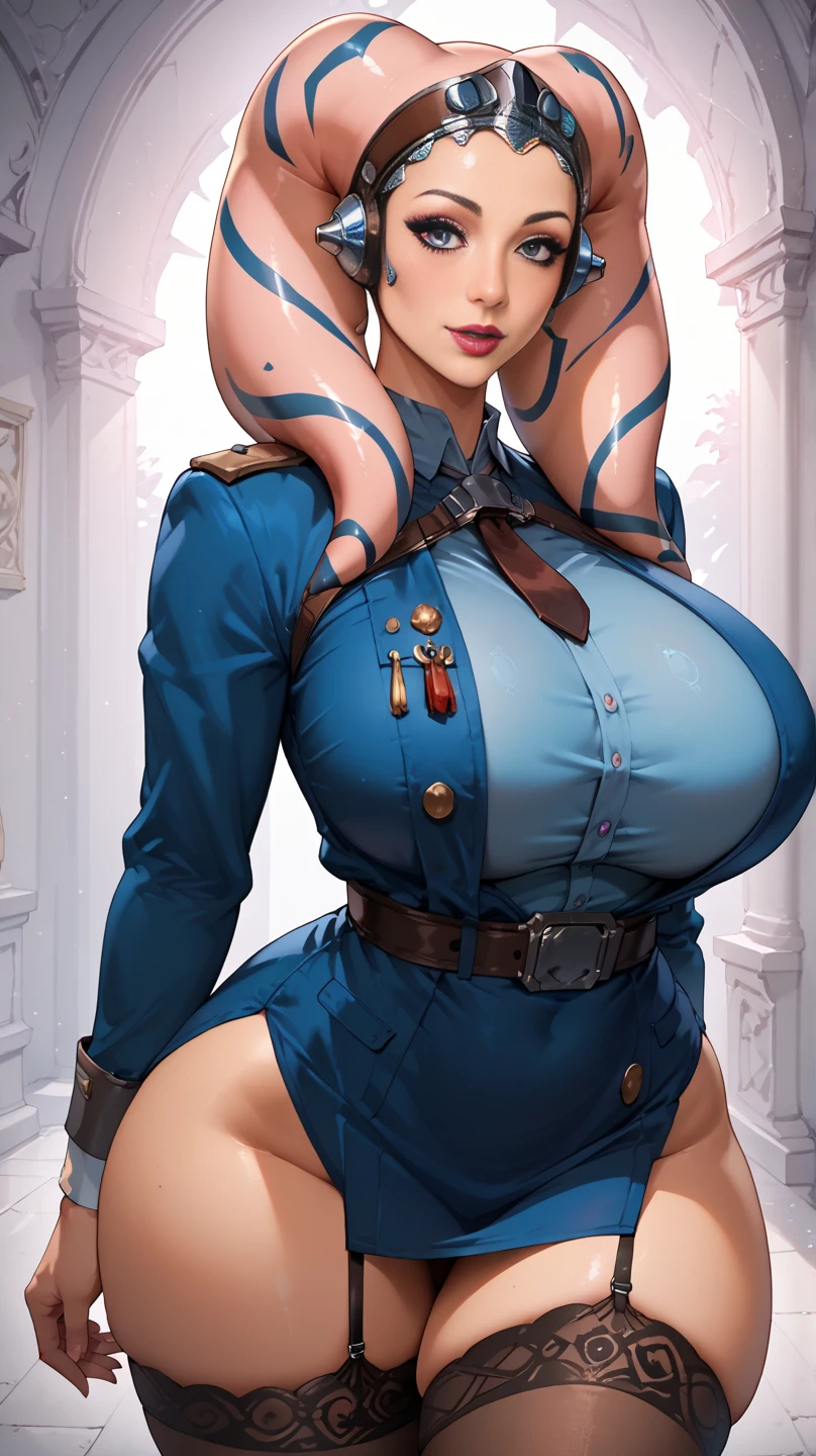 wearing the pantyhose and garter belt stockings and fishnet stockings，fleshy thigh ，thick thigh ，big round breasts，huge breasts ，perfect body；Bathed in the golden hues of dawn or dusk, a Soviet heroine stands resolutely beneath the shadow cast by a colossal Soviet flag, its red fabric billowing in the wind. Her eyes, filled with determination, meet the gaze of those around her, her healthy, sun-kissed complexion a testament to her hard work and resilience. Her hair, gathered simply in a bun at the nape of her neck, keeps it out of her face as she toils. Clad in the robust cotton work uniform of a Soviet laborer, her attire is both practical and symbolic. The deep blue or gray color of her clothes is punctuated by the bold red star or the iconic hammer and sickle emblem, symbols of the collective strength and unity of the working class. Multiple pockets line her uniform, each carefully designed to carry the tools of her trade, ensuring efficiency and readiness for any task at hand. Perched atop her head is a standard Soviet worker's cap, its red star gleaming against the sky. This cap is more than mere protective gear; it is a badge of pride and honor, representing her dedication to the state and the ideals it embodies. Her hands, shielded by thick work gloves, are the instruments of her labor, toughened by the rigors of her daily tasks yet safeguarded from harm by the sturdy material.
