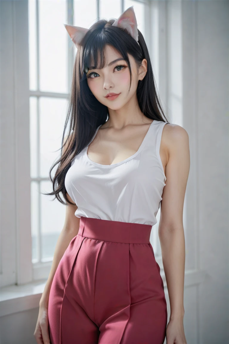 (Best Quority,masterpaintings:1.2),perverted woman,sportrait,,Liuhai,Red tuxedo,Black leggings,exteriors