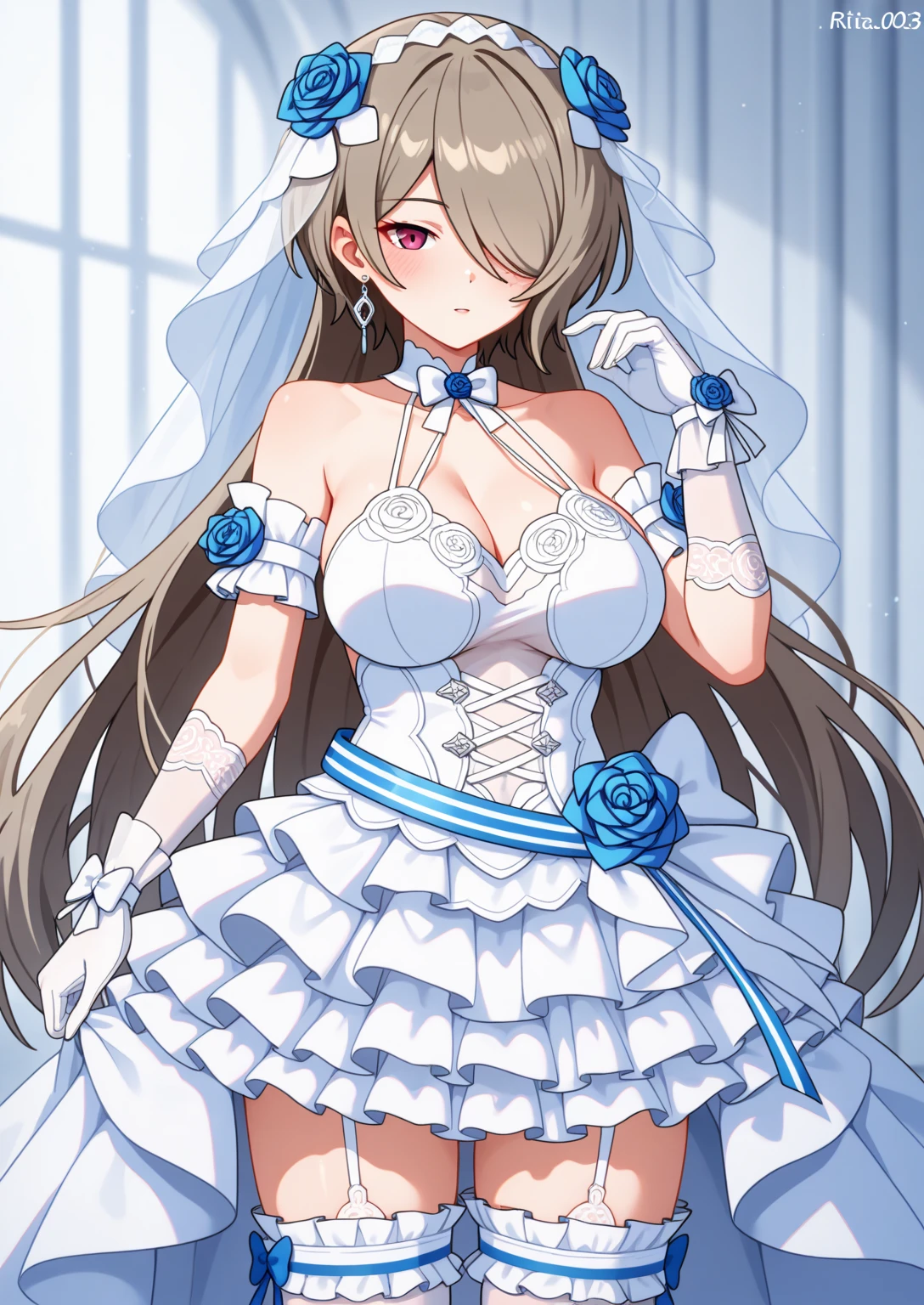 Dancing Girl, ((Best Quality)), ((Masterpiece)), (Very Detailed, Most Detailed, Official Art, Beauty and Aesthetics: 1.2) Big Bo Girl, Magical Girl, Dress in Gladly Wedding Dress, See Thigh Position, Nudity
