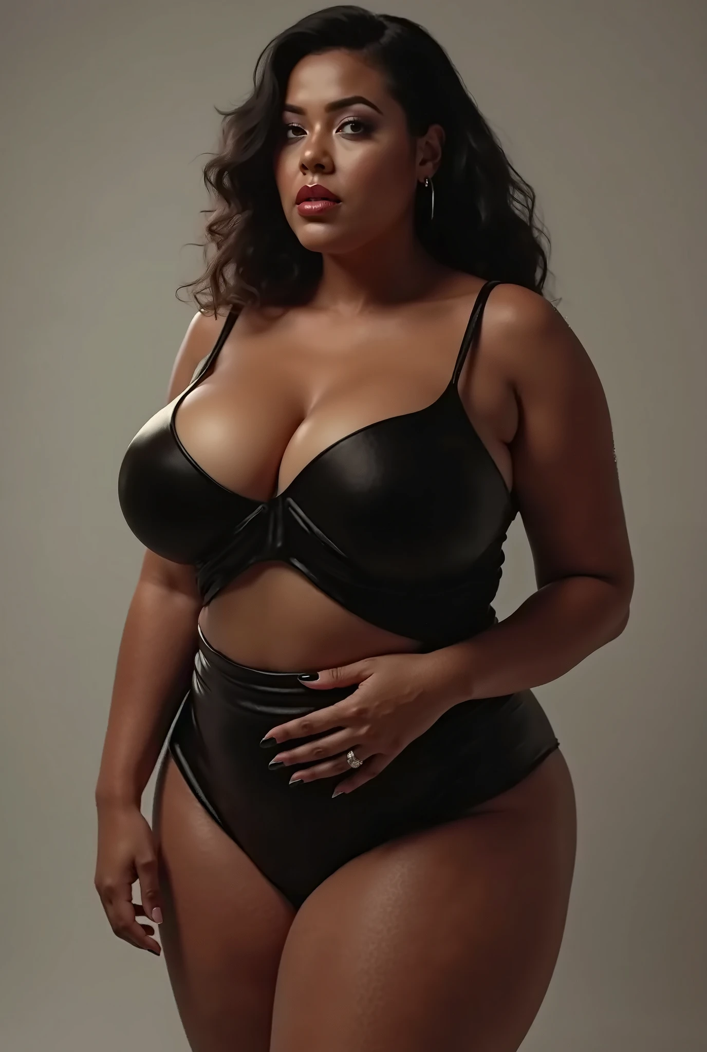 Rihanna standing upright, wide hips, big black thong, cellulite, thick thighs, realistic , detailed skin texture, professional portrait, high quality, detailed, earthy tones, natural lighting