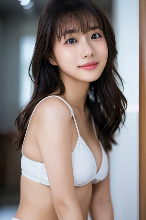 Realistic, Best Quality, Girl, Young Adult Woman Who Looks Like a High School Girl, High Resolution, Natural Skin, Portrait, Looking at Camera, Photo_Light, {{}}, Ulzzang-6500-v1.1:0.8 Facing forward, standing erect with her body facing forward, no make-up, in front of an inorganic white wall indoors, white string bikini, wide eyes, serious and honor student atmosphere, smiling, shot from the knees up.