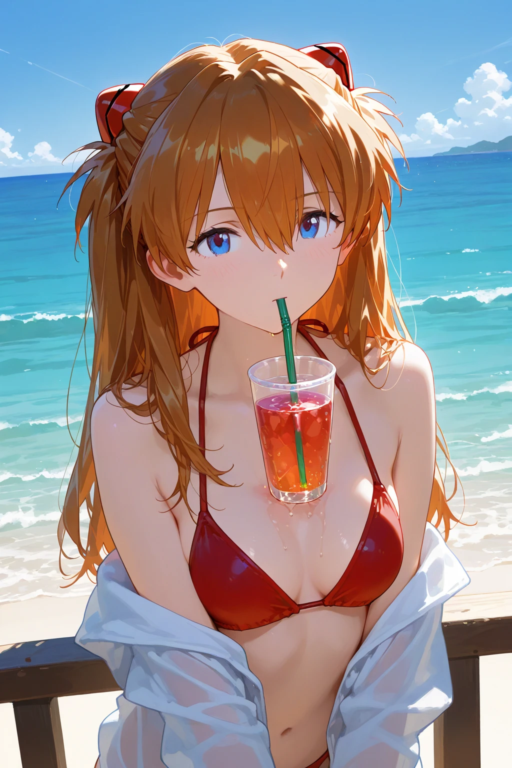 She looks like Asuka from Evangelion, Slim and ample breasts, Wearing an orange bikini、He is sucking on a round popsicle, looking cold.。High angle。looking at the camera。breast enhancement