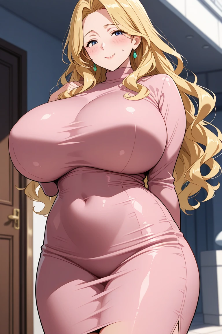 a voluptuous sexy busty mother who is insanely and extremely sexy cute pretty voluptuous beautiful pretty curvy busty hot sexy with an extremely shiny glass SNOW FAIR WHITE LUSH SILKY smooth lush plump glass glowing skin and perfect round cleavage and her INSANE tight perfect hourglass figure, her wide soft hips, and her skinny lush soft plump arms and her big soft plump perfect round thick BIG ass with her bright SNOW FAIR LUSH plump round cleavage and her glowing fair shoulders along with her shiny GOLD long YELLOW BLONDE hair untangled and open hiding one of her eyes with her extremely insanely god tier cute irresistible smile kind gentle look on her charming pretty face with her big shiny bright stunning blue eyes and her shiny black eyelashes and her two bright pink blushes and her bright pink puffy lips on her face and her pink shiny nails, looking at the viewer. The woman has no wrinkles, no tattoos, no signs of anything that's not unattractive but just raw god's given absolute irresistible other-worldly god-tier beauty possessing the most irresistible charm and beauty in all of mankind's history and future as she's the peak and epitome of a woman's elegance and feminine and her insane, impossible, and unimaginable levels of beauty the woman has, the woman stands straight in an alluring sexy feminine pose with her shiny yellow high heels along with a red ribbon and small stars and a piece of small jewelry hanging on her hair with a piece of golden jewelry on her smooth lush snow fair clean tender soft smooth neck and gold bangles on her wrist and gold anklets with small bells on her two feet and gold earrings on her lush fair white fair ears and a gold belt on waist, flowers on hair, standing, eyes wide open, show full body, she's wearing a brown floral short loose revealing dress with threads and yellow heels , tons of shiny jewelry, standing, BIG MANSION DOOR IN THE BACKGROUND