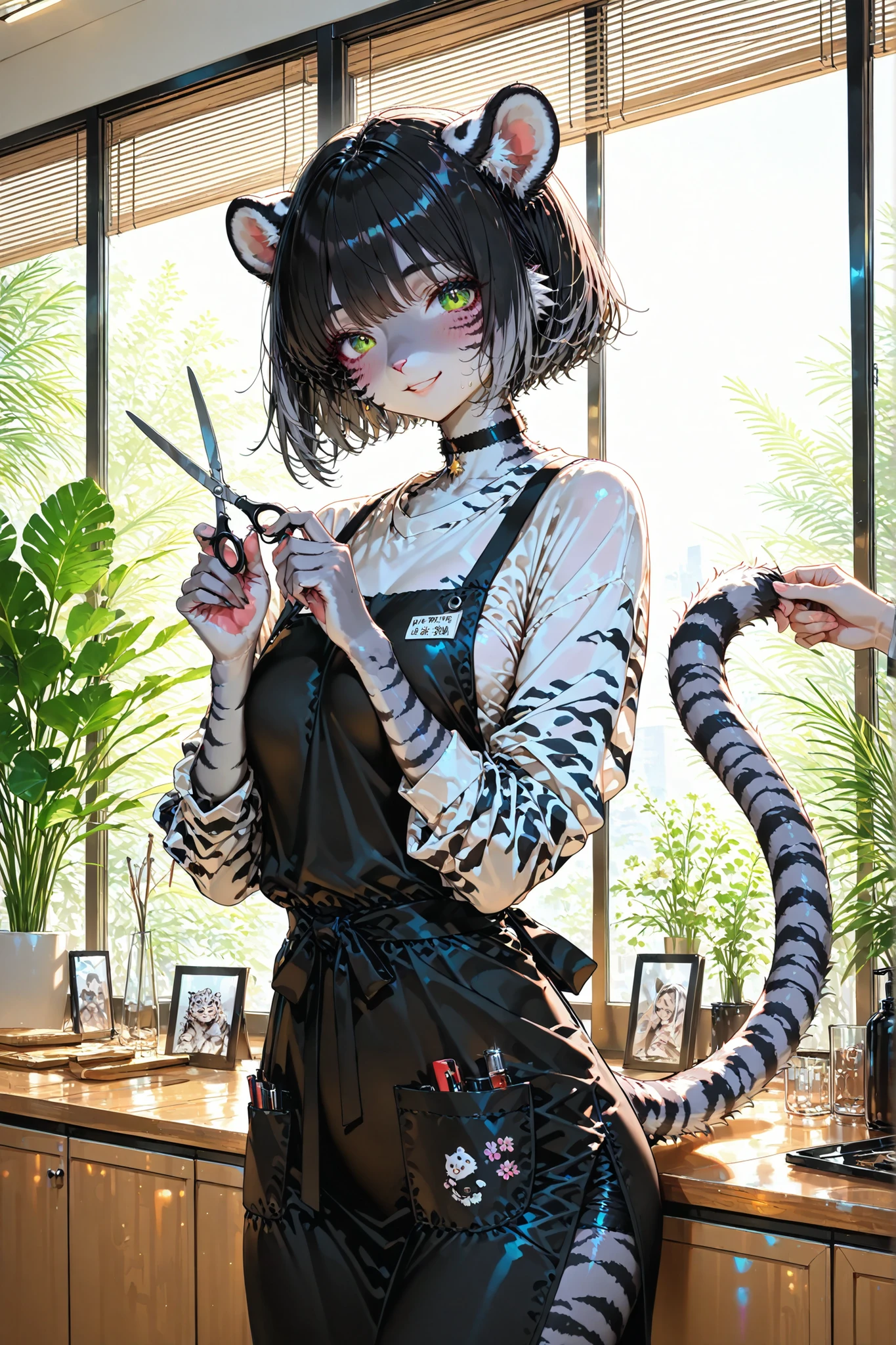 Masterpiece, Best Quality, Best Score, Best Anatomy, body fur, 1girl, furry female, solo focus, sweat, short hair, animal ears, furry tiger, grey fur, spots, tiger stripes, choker, Young female barber, stylish black hair, modern hair apron, smiling customer service, bright interior, large glass windows, decorative plants, natural wood, refreshing atmosphere, stylish hair salon, soft morning light, holding haircutting scissors
