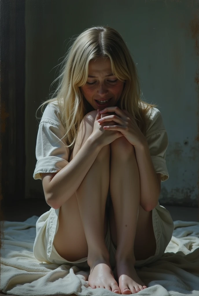 Create a photo of a 30 year old young woman, with a slender and beautiful body, with bare breasts and wearing yellow sweatpants, with white and clear skin, with long light brown hair, scared as she sits on the floor with her legs raised high in the air while being stripped naked and having her breasts rubbed by two nervous black teenage girls who are standing, ugly, thin, small, dark black skinned, who wears glasses and wears a blue dress
