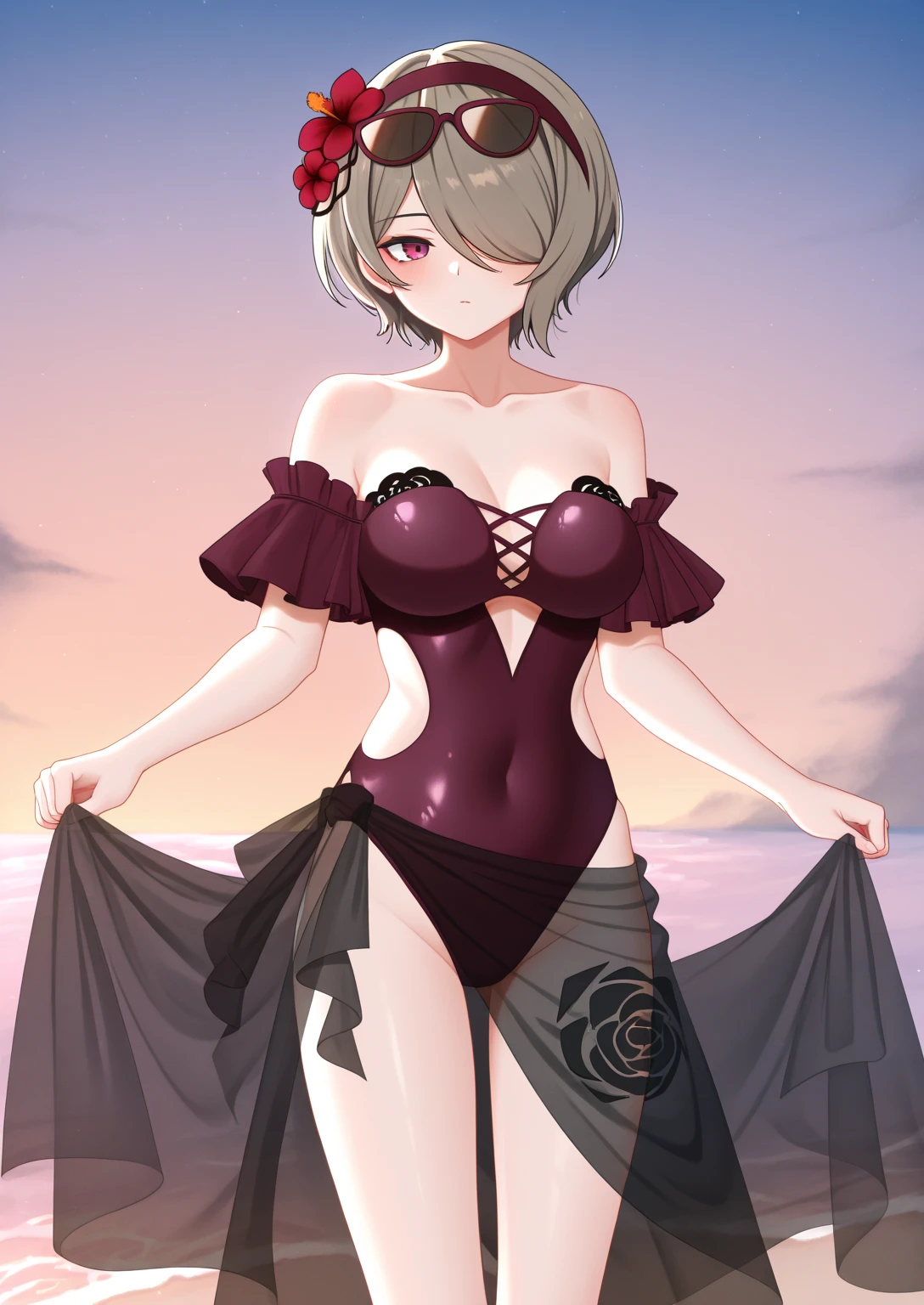 whole body、Standing in front、White high heels、One beautiful woman、cute、Bob Cut Hair、Dark Hair、Pale blue eyes、Large Breasts、bikini、Realistic、Highest quality、Highest Resolution、Highest quality、８Ｋ、