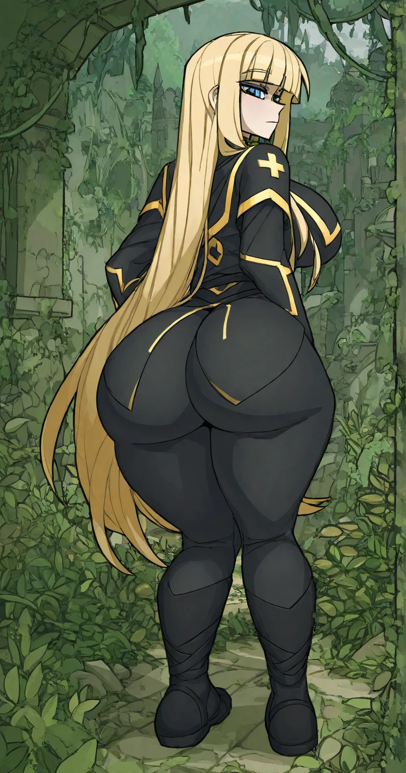 (masterpiece), best quality, female warrior, dark fantasy, huge girl, female muscular:1.2, blonde hair, (curvy:1.7), ((thick thighs:1.4)), (((blank background))), ((full body)), fingerless gloves, sandals, sleeveless, (straight  hair), (fur top) , strapless top, (spread legs), standing, (from behind) , (long legs:1.5), ((legs apart))