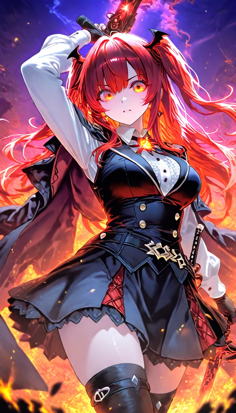 **Anime Art、A space illuminated with vibrant red and purple diagonal lines、One girl、Red Dragon personified、Small horns, red, angular long hair, bangs, large red eyes, a smirking expression、Wears armor that resembles a dragon、Equipped with two large shining Japanese swords、Two-sword fighting stance