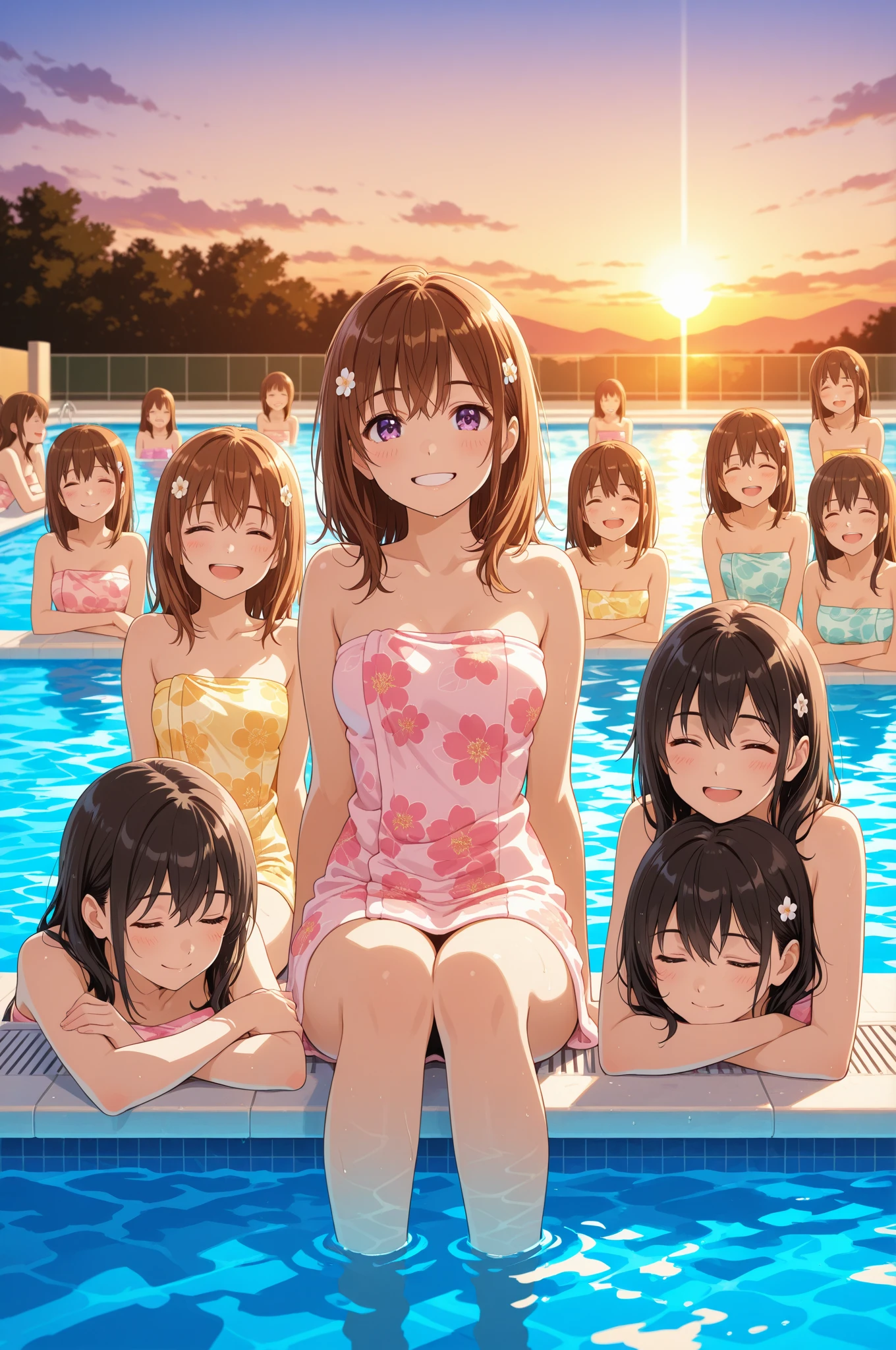perfect anime illustration, 12girls, all girls are sisters, sisters crowded together, sisters in background, matching hairstyles, brown hair, blonde hair, curly hair, matching hairstyle, hazel eyes, smiling, ((Blue bikinis, matching bikinis, barefoot)), indoor pool, highres, full body