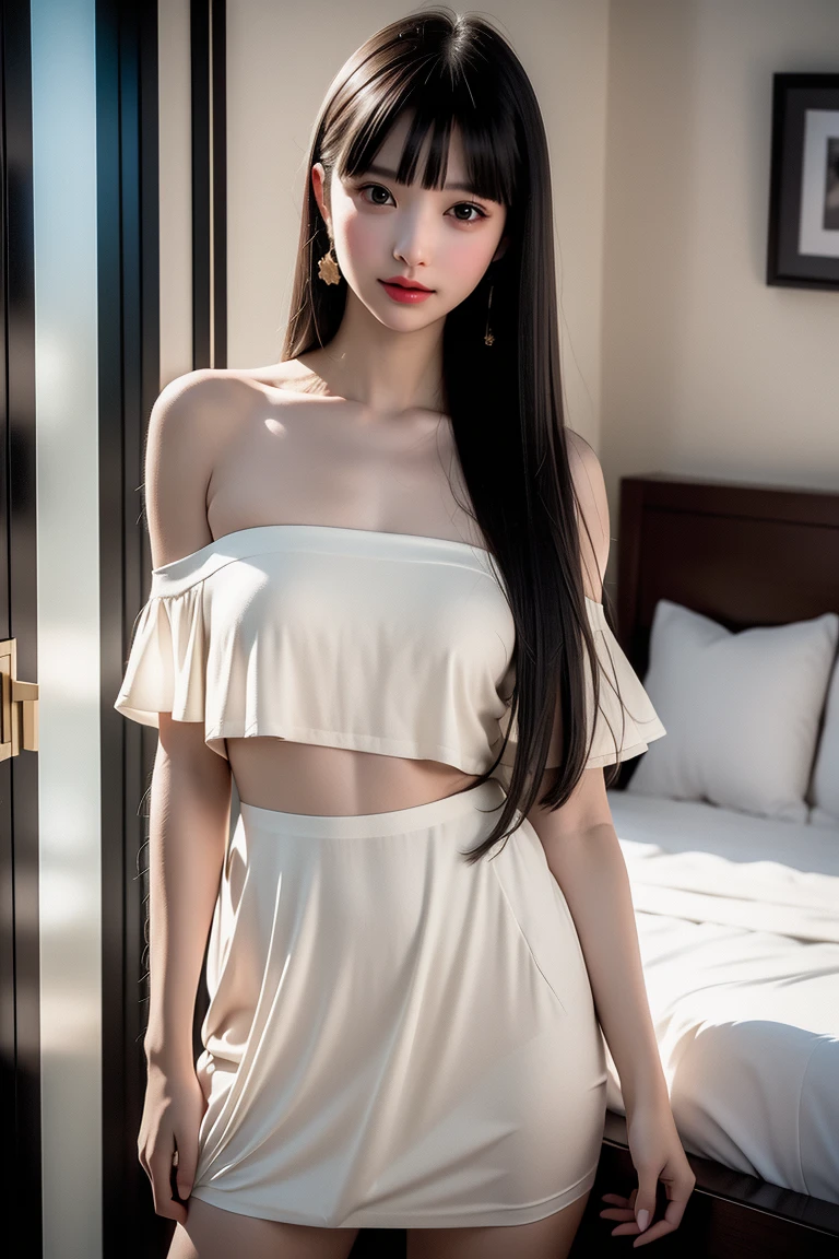 ((Straight bangs、Princess Bang)),((Very heavy、Voluminous bangs:1.1)),((very long、Very heavy、Very voluminous side locks:1.1)), Hime cut、Straight bangs hairstyle、Round face and ugly bangs、Long hair with ugly bangs、The bangs are cut straight、(masterpiece、highest quality:1. 5), (Ultra-fine 8K CG:1.4), (hyperRealistic:1.25), (PhotoRealistic:1.25), (Realistic:1.4), Cowboy Shot, (View Top:1.35), (From the front 1.4), (smile1.3)、 1 japanese beautiful girl, 19 years old, Supermodel, Japanese Idols, (smile), Sweaty muscles、 (Maid clothes :1.1), (Lying in bed:1.4), (A semi-transparent off-the-shoulder white dress with a floral pattern:1.1)