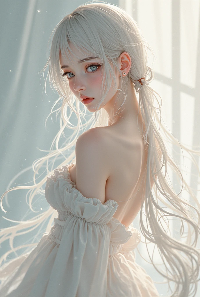 Aesthetic artwork, A woman who is, White hair, eBlue eyes, long whitr hair, full pouty lips, A look of sympathy, White skin of the, White slip dress, little body,Need,tmasterpiece --auto