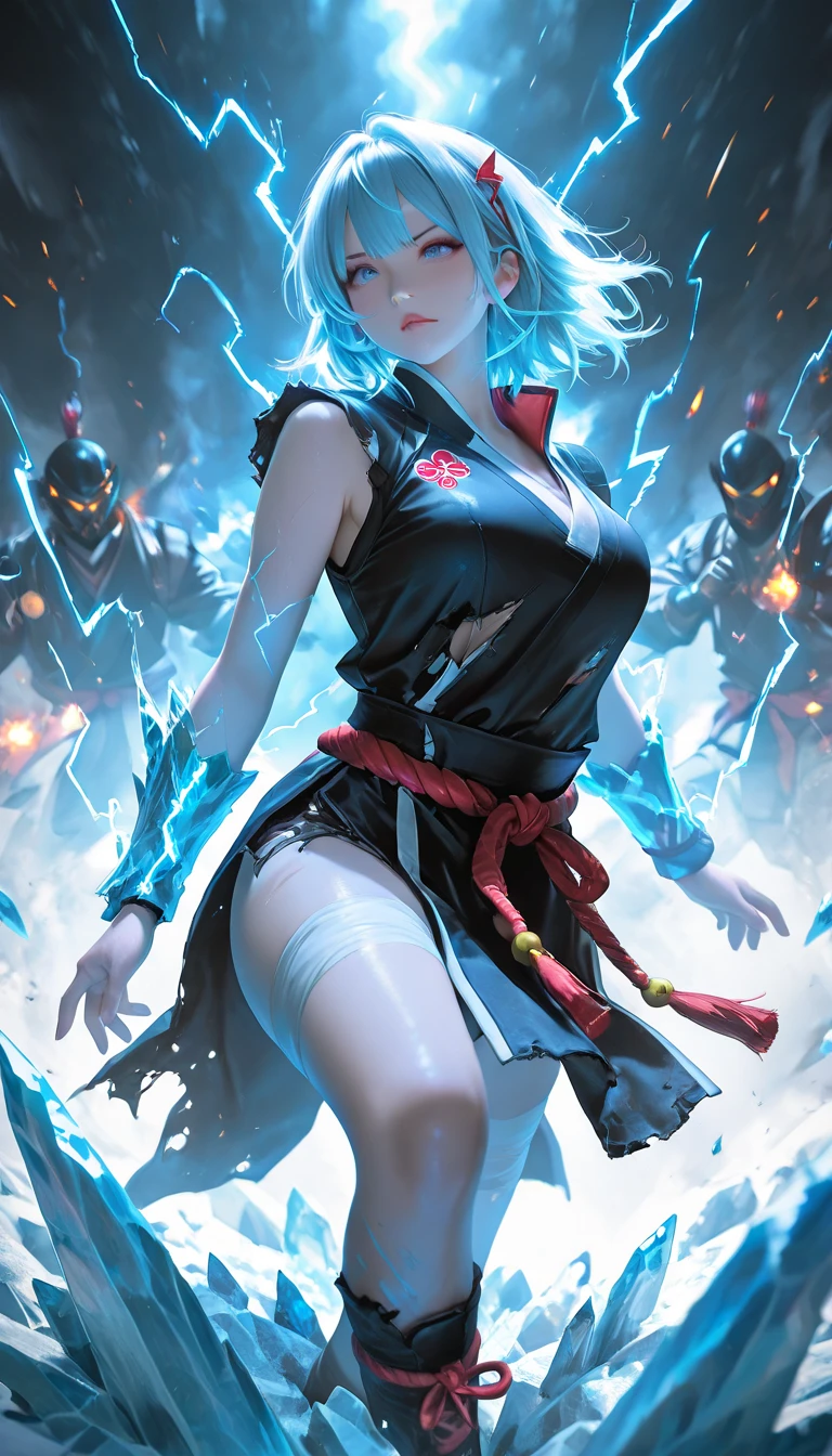 An (extremely fierce Gurung woman (age 35), slim and toned figure, ankle length platinum hair, tiny loose fighting clothes, explosive fury) is channeling her Ki energy (resembling lightning), into a ('DragonBall' a large pulsing sphere of rainbow power being circled by the ghost of a dragon), best quality, extremely high detail, chunks of earth hang in the air caught in the massive upwelling of power, shockwaves, dramatic views